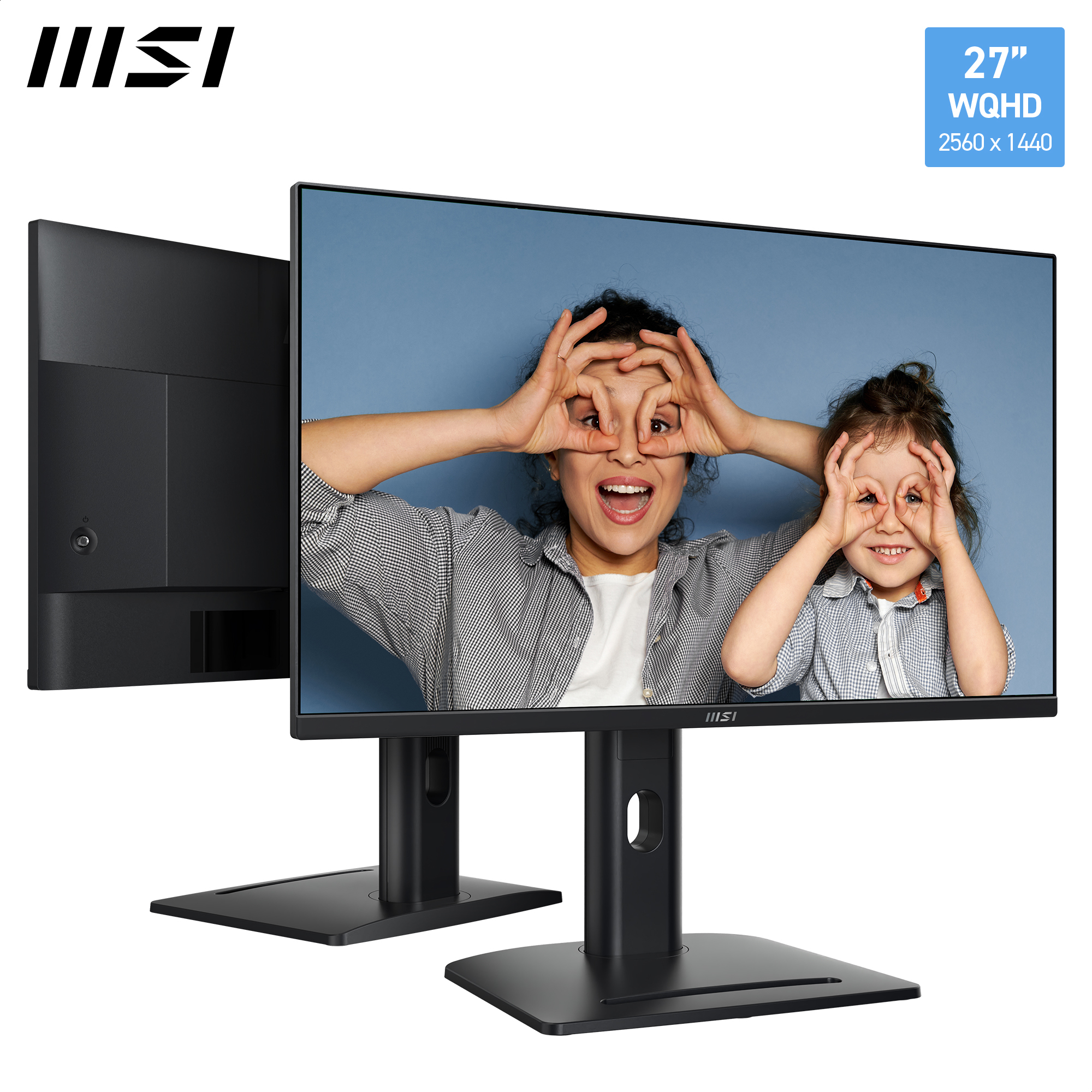 Monitor MSI 27-calowy z dwoma monitorami i dwiema osobami. Niebieskie tło.