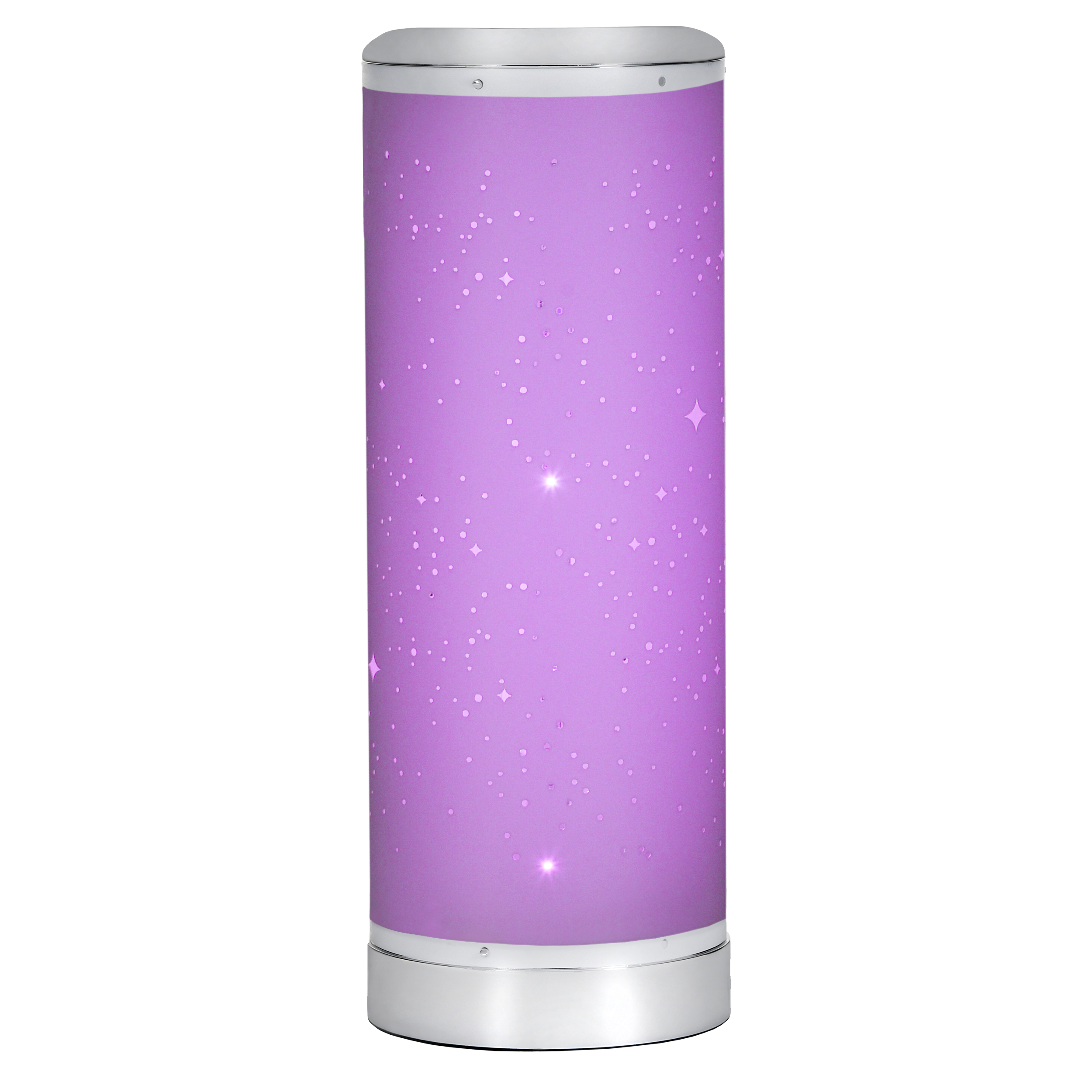 Una lampada cilindrica con un design a stelle viola, parte superiore e inferiore argentate.