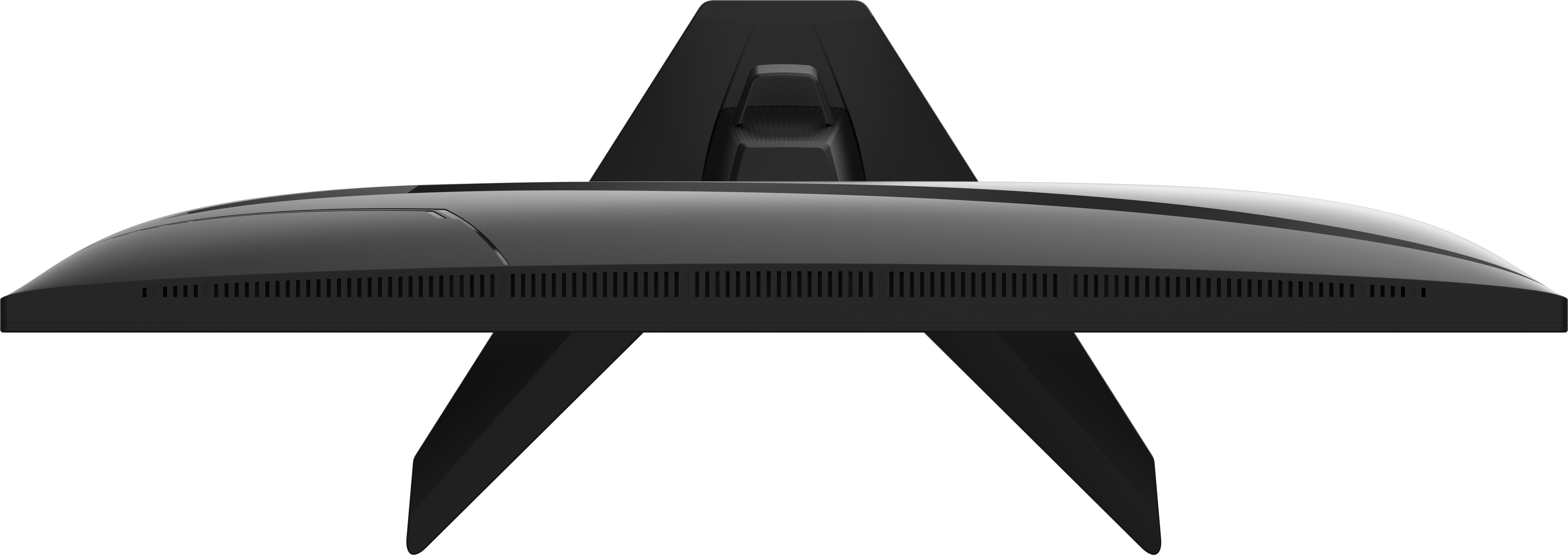 Czarny monitor komputerowy z góry, pokazujący górę ze stojakiem i otworami wentylacyjnymi.