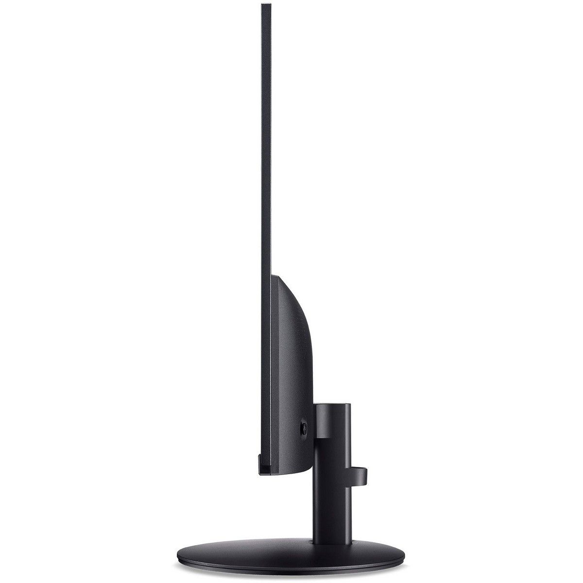 Widok z boku czarnego monitora z czarną podstawą. Ekran jest cienki, podstawa prosta.