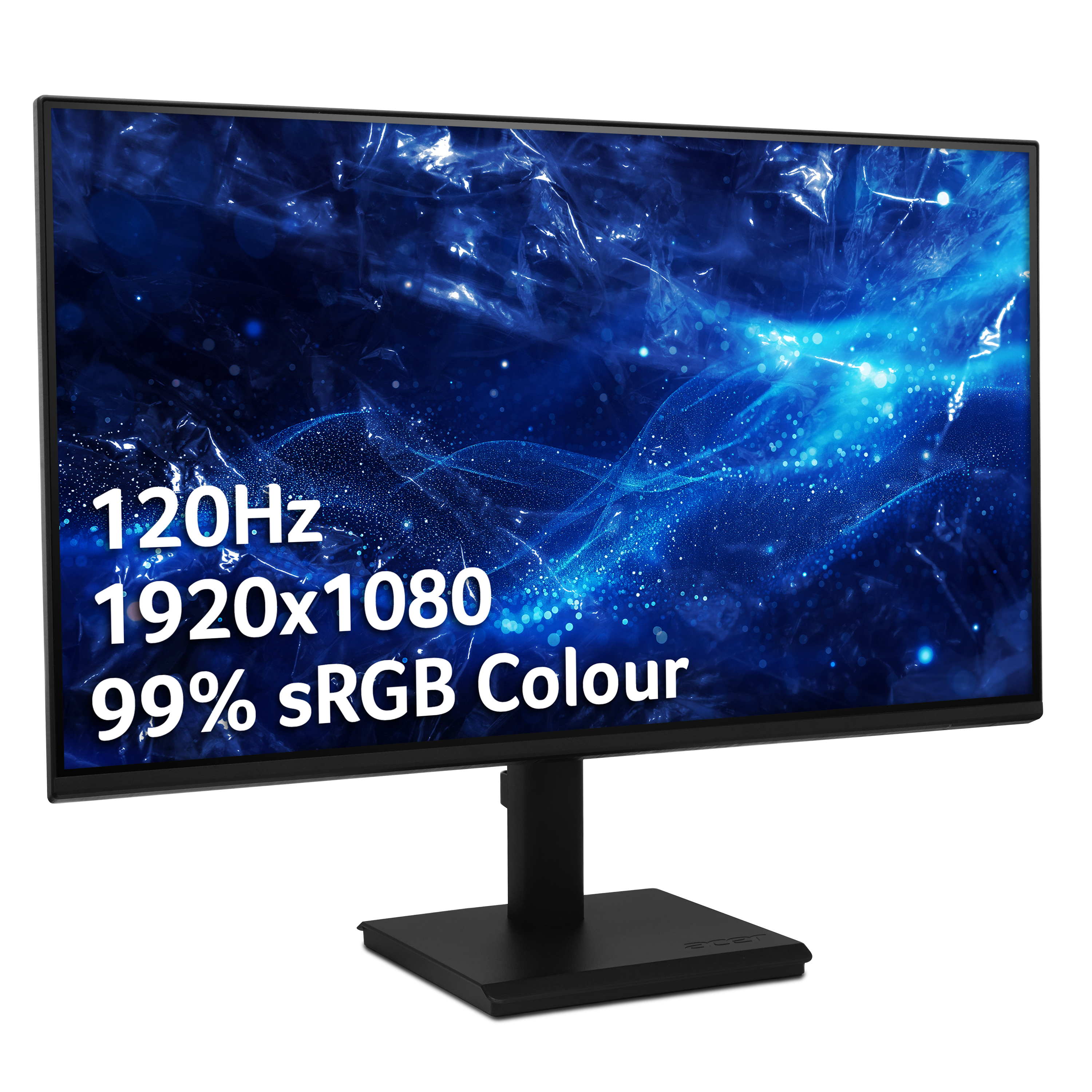 Due monitor neri affiancati. Supporti e base neri. Sfondo bianco.