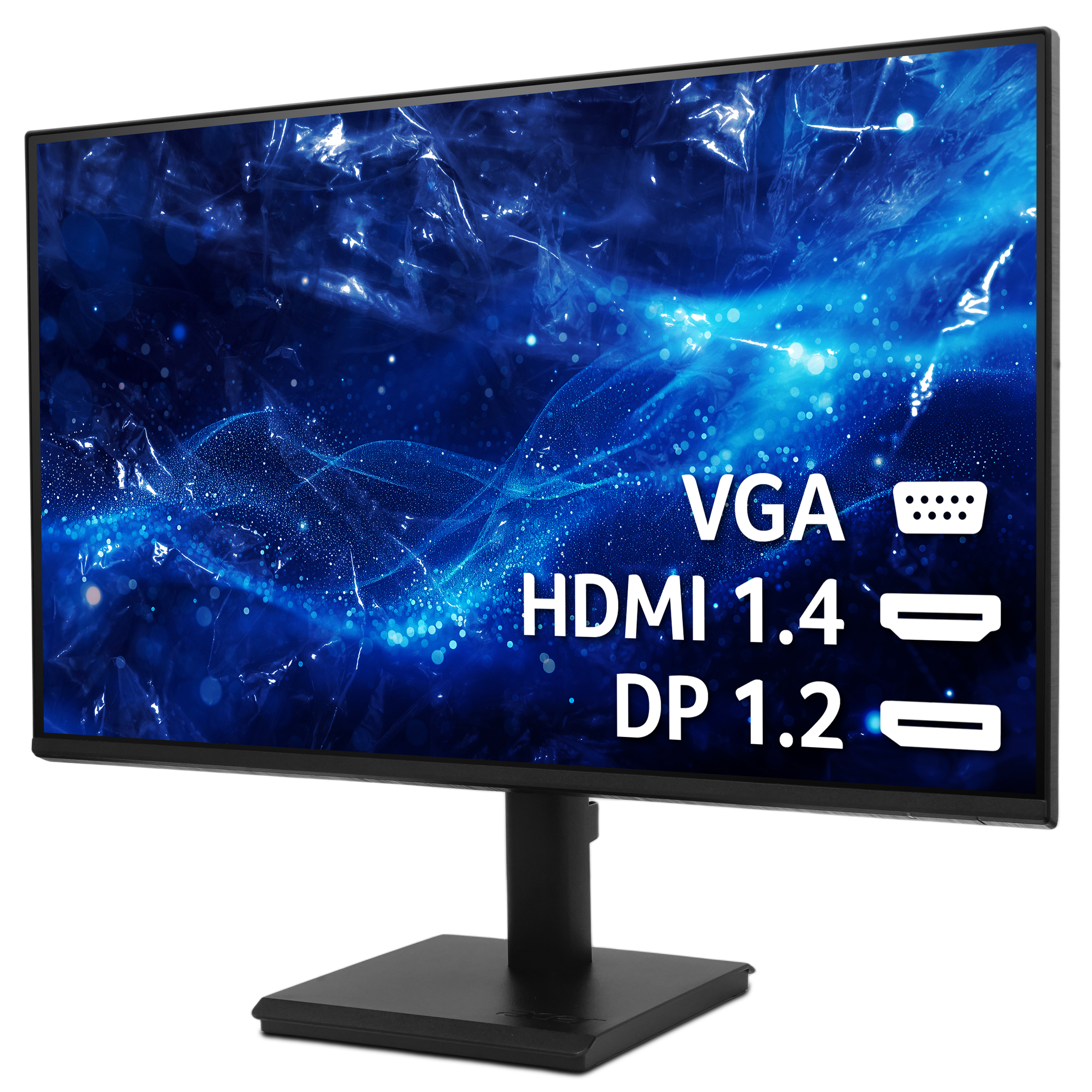 Un monitor per computer che mostra le porte di connessione: VGA, HDMI 1.4 e DP 1.2.