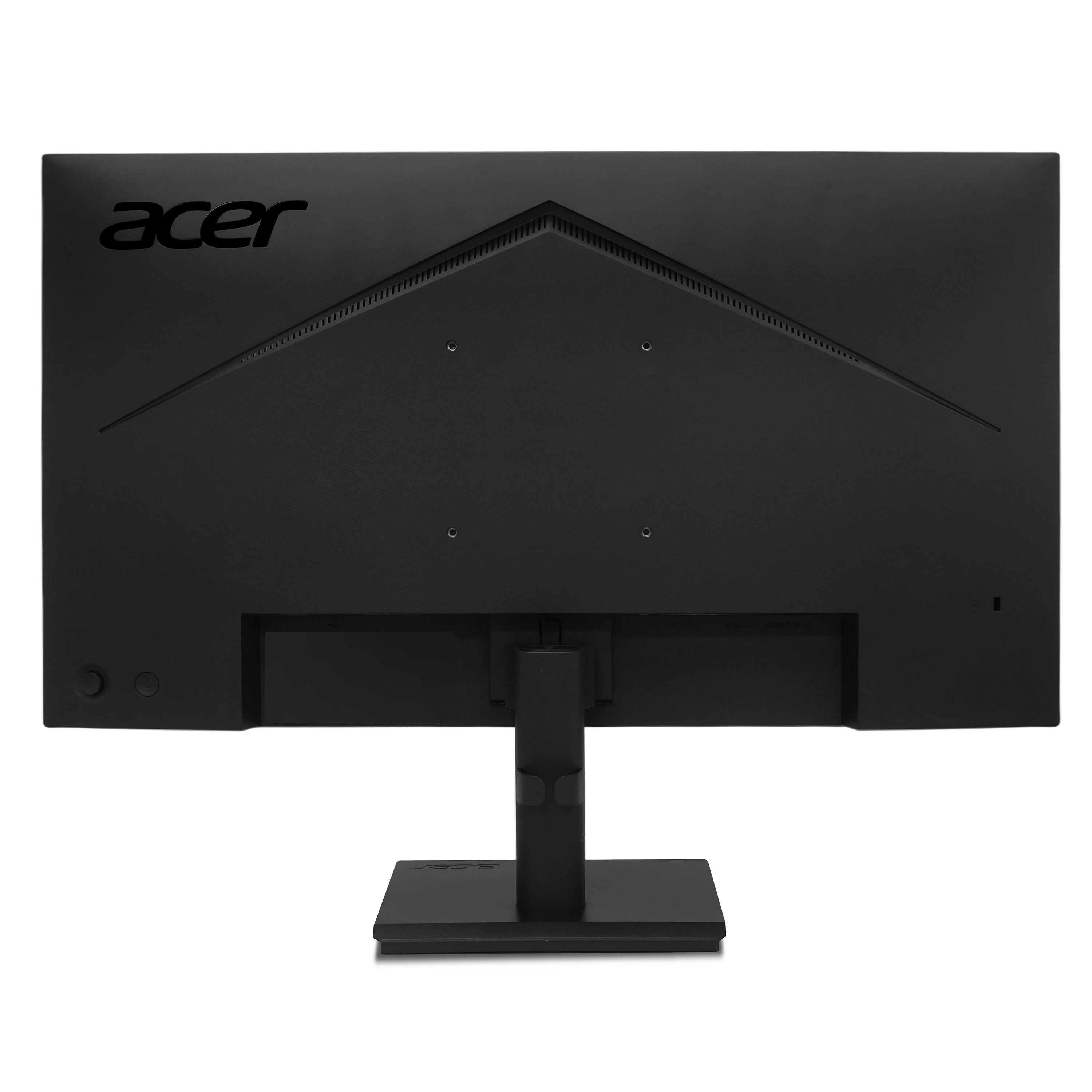 Retro di un monitor Acer nero, con logo Acer. Design scuro, supporto nero.