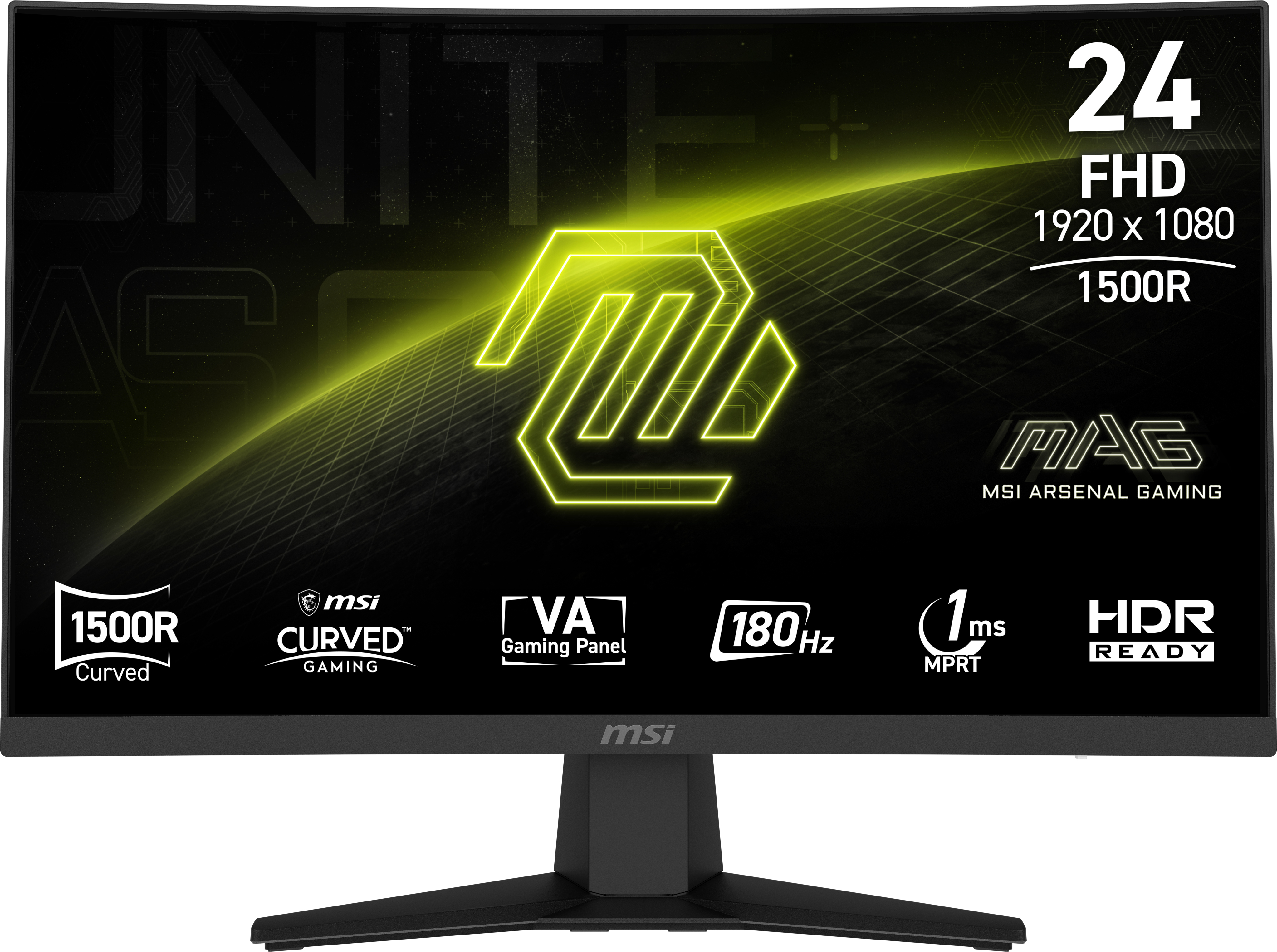 Monitor MSI z tekstem: 24 FHD, 1920x1080, 1500R, 180Hz. Czarna podstawa.