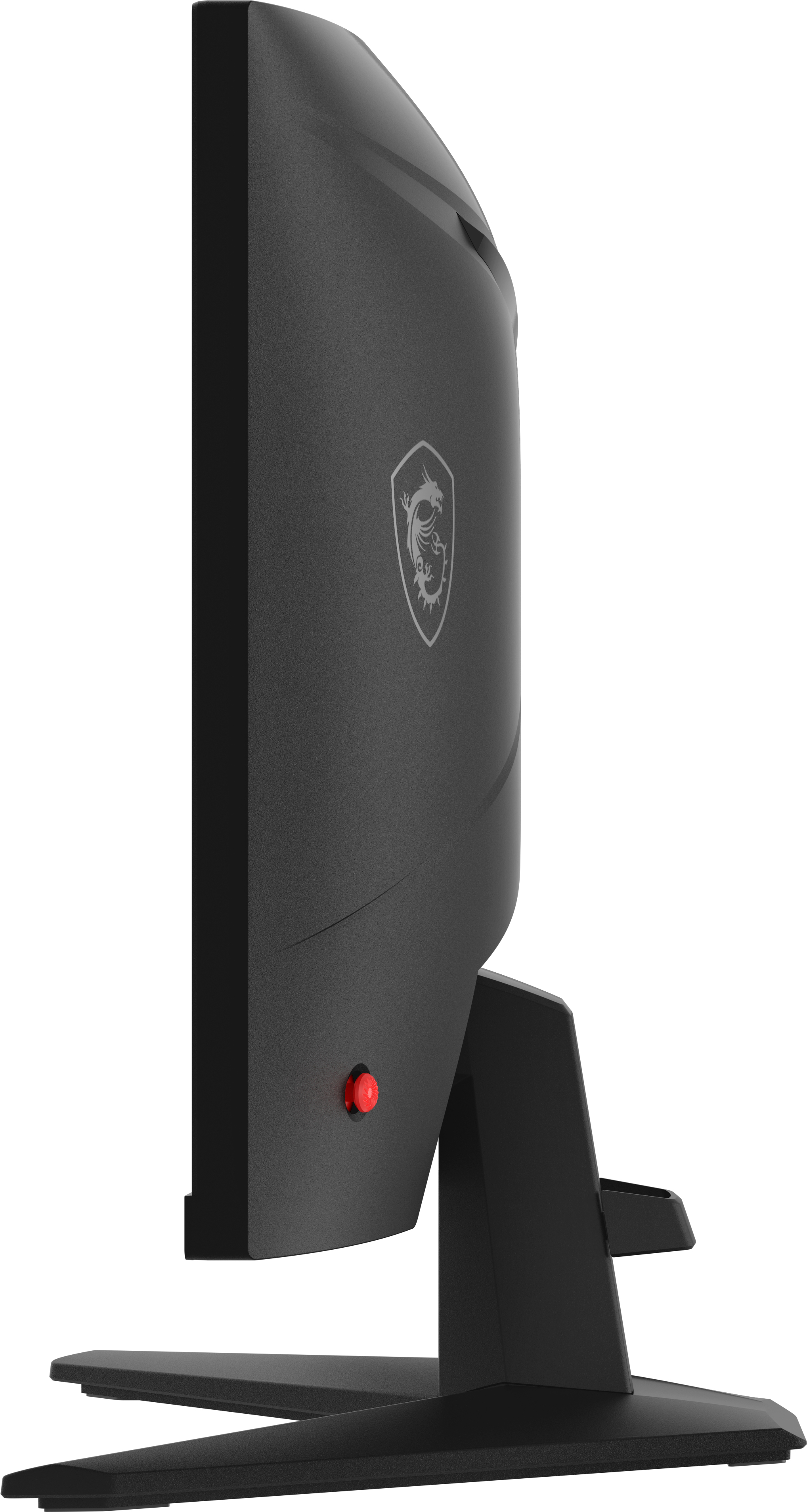 Widok z boku monitora MSI. Czarny design, czerwony przycisk i logo MSI. Czarna podstawa.