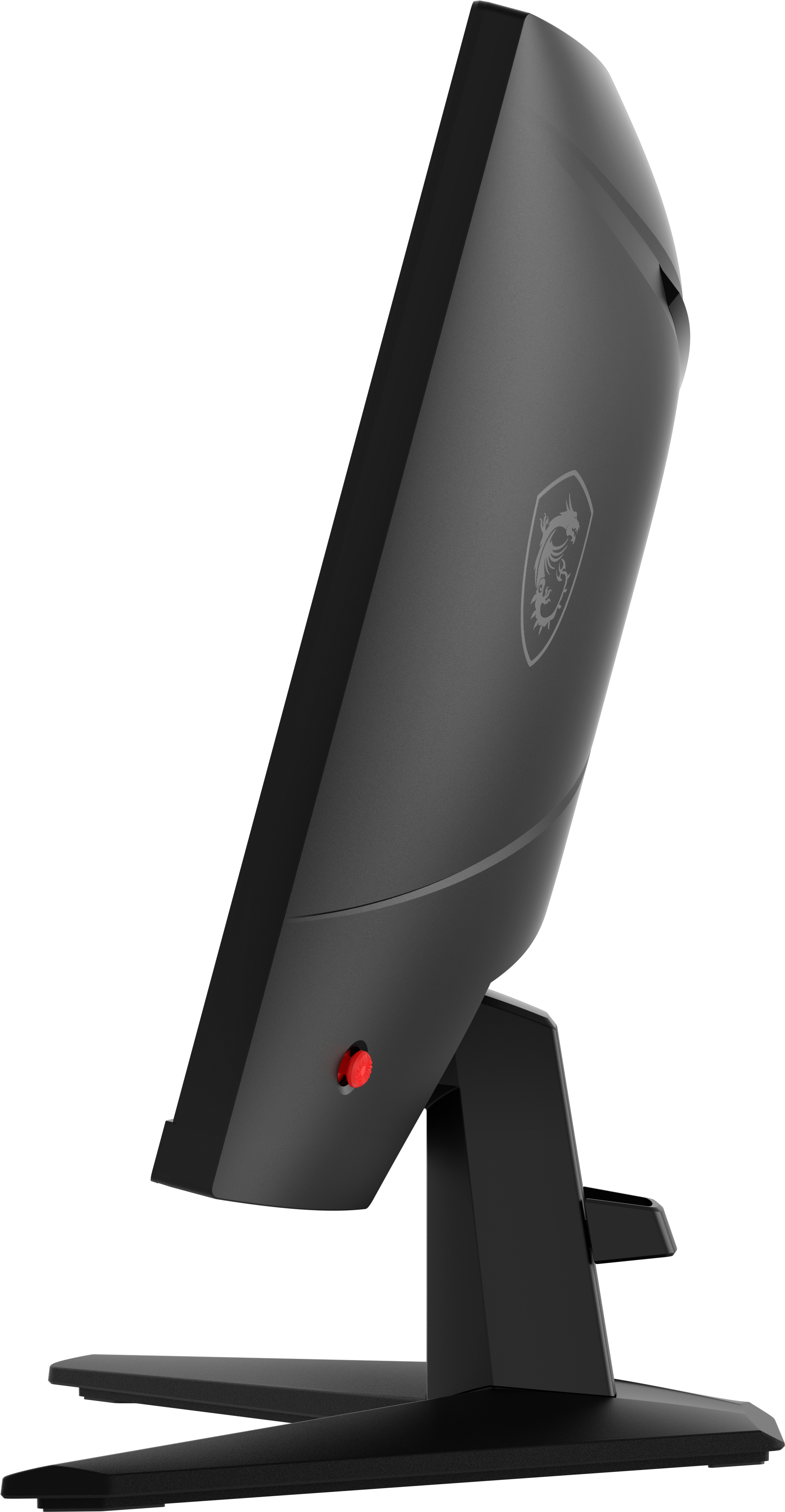 Widok z boku monitora MSI. Czarny design, czerwony przycisk i logo MSI. Czarna podstawa.