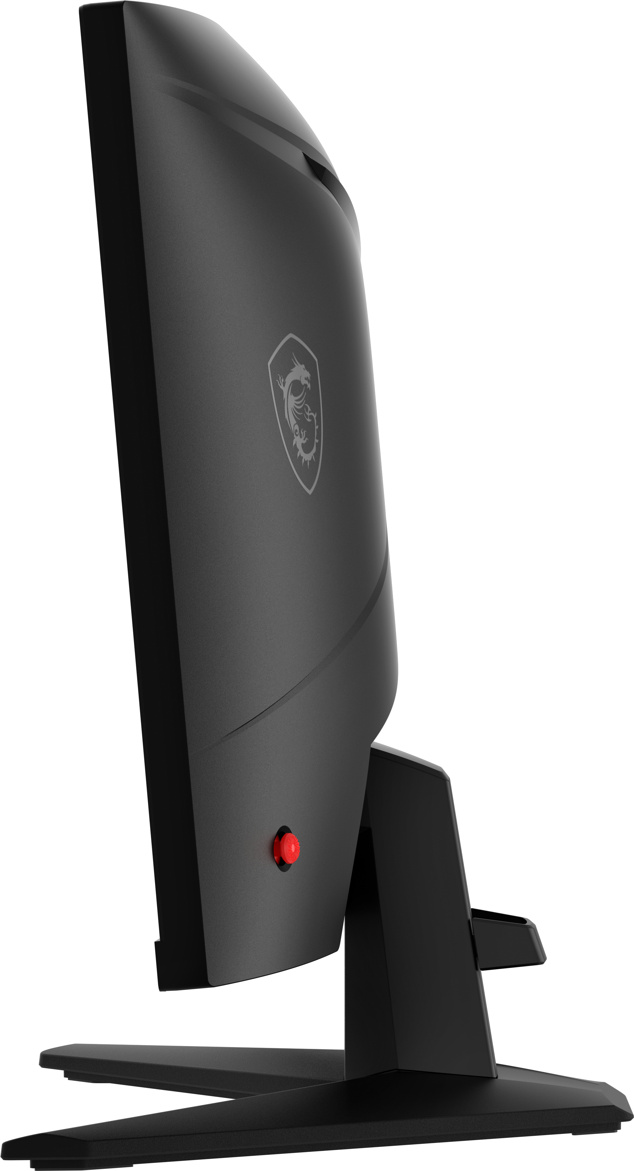 Tył monitora MSI. Czarny design, logo MSI. Czarna podstawa.