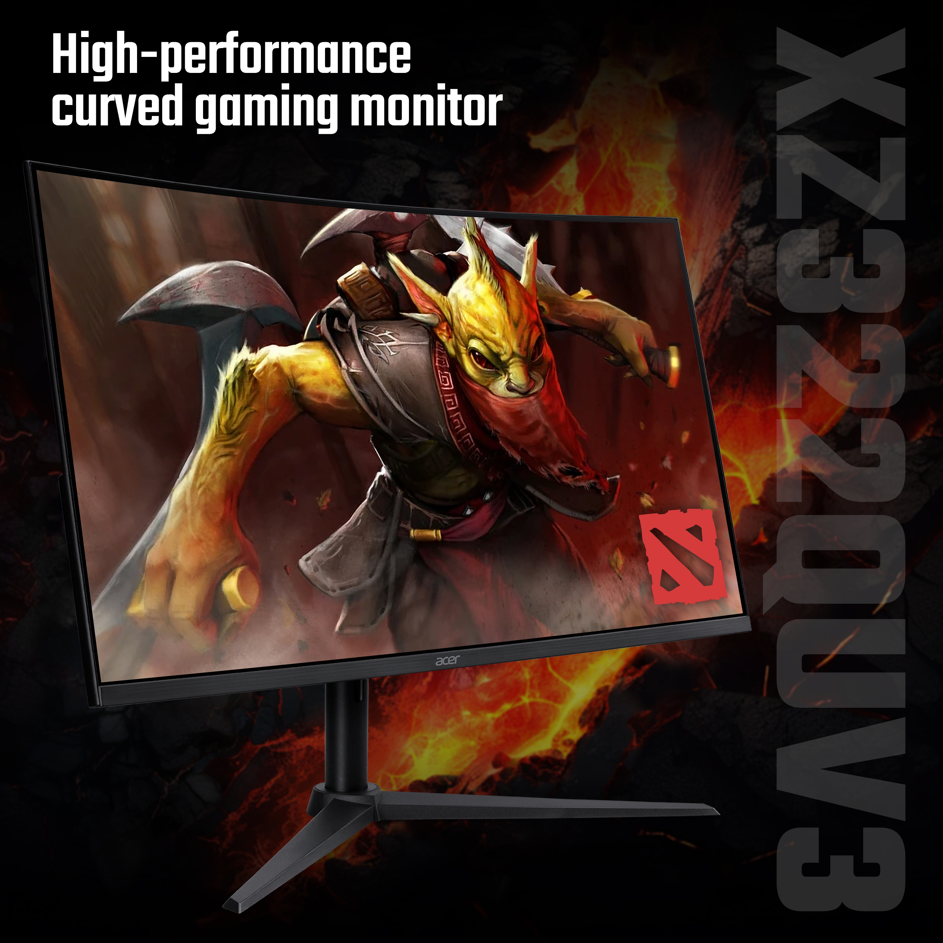 Monitor curvo per giochi con sfondo infuocato e un personaggio di videogioco sullo schermo.