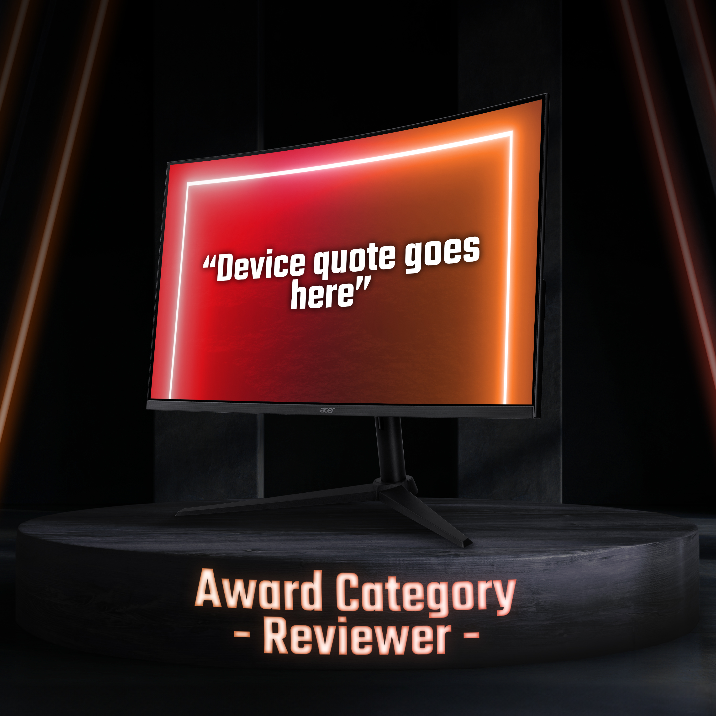 Un monitor su un supporto con una citazione sullo schermo e testo della categoria di premio.