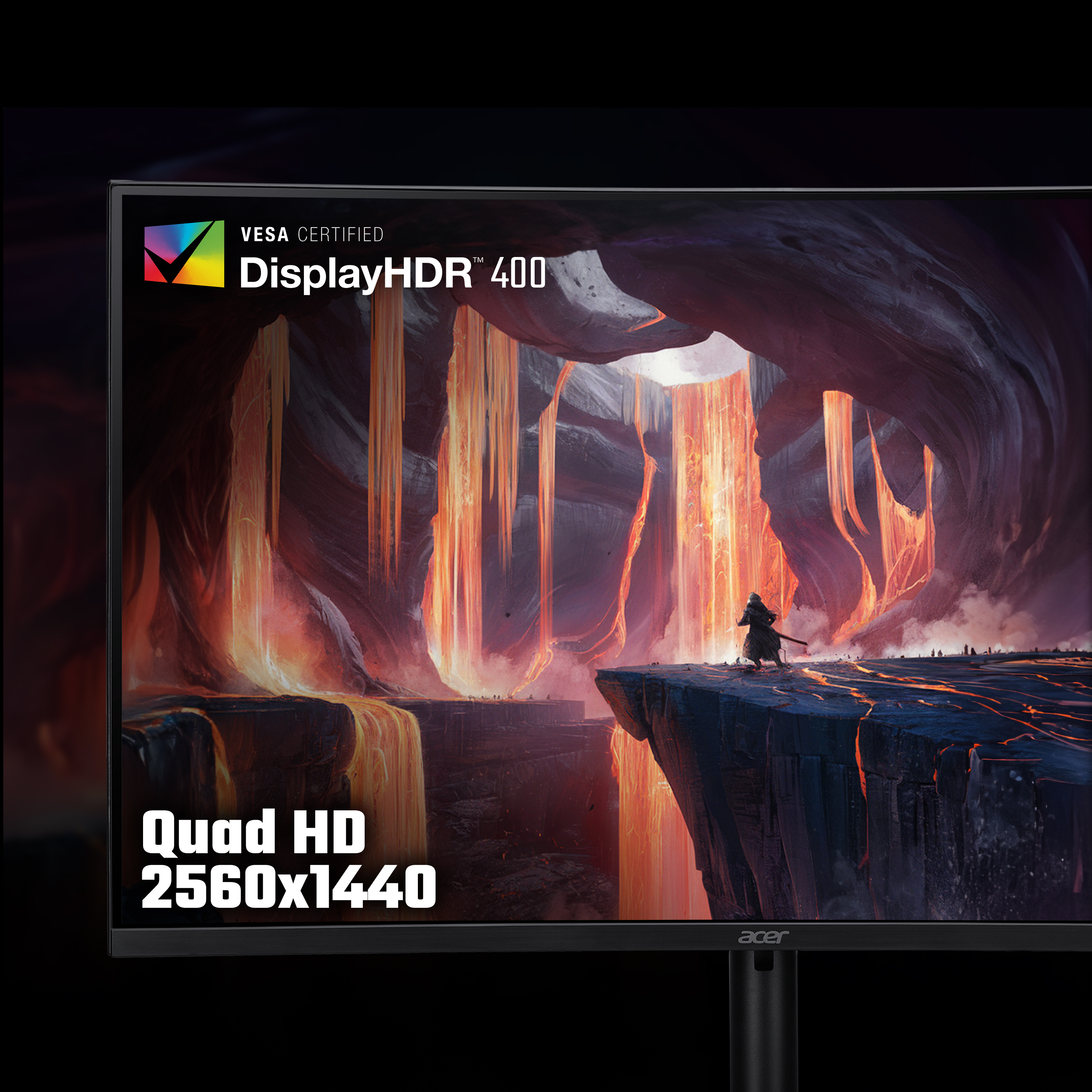Monitor Acer che mostra una scena di gioco con un guerriero su una scogliera, con testo Quad HD 2560x1440.
