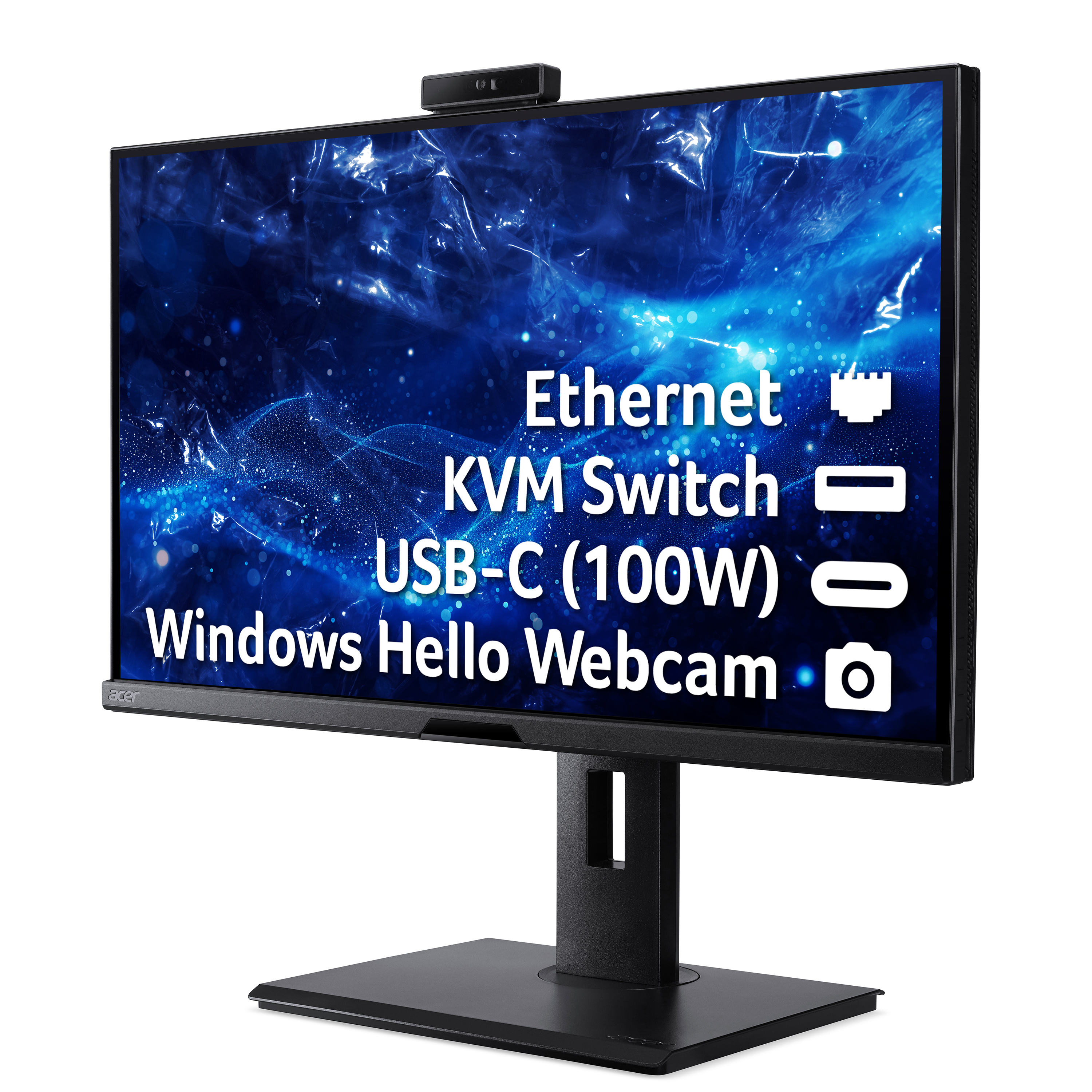 Monitor nero con testo: Vero B8, 27", e una webcam in alto.
