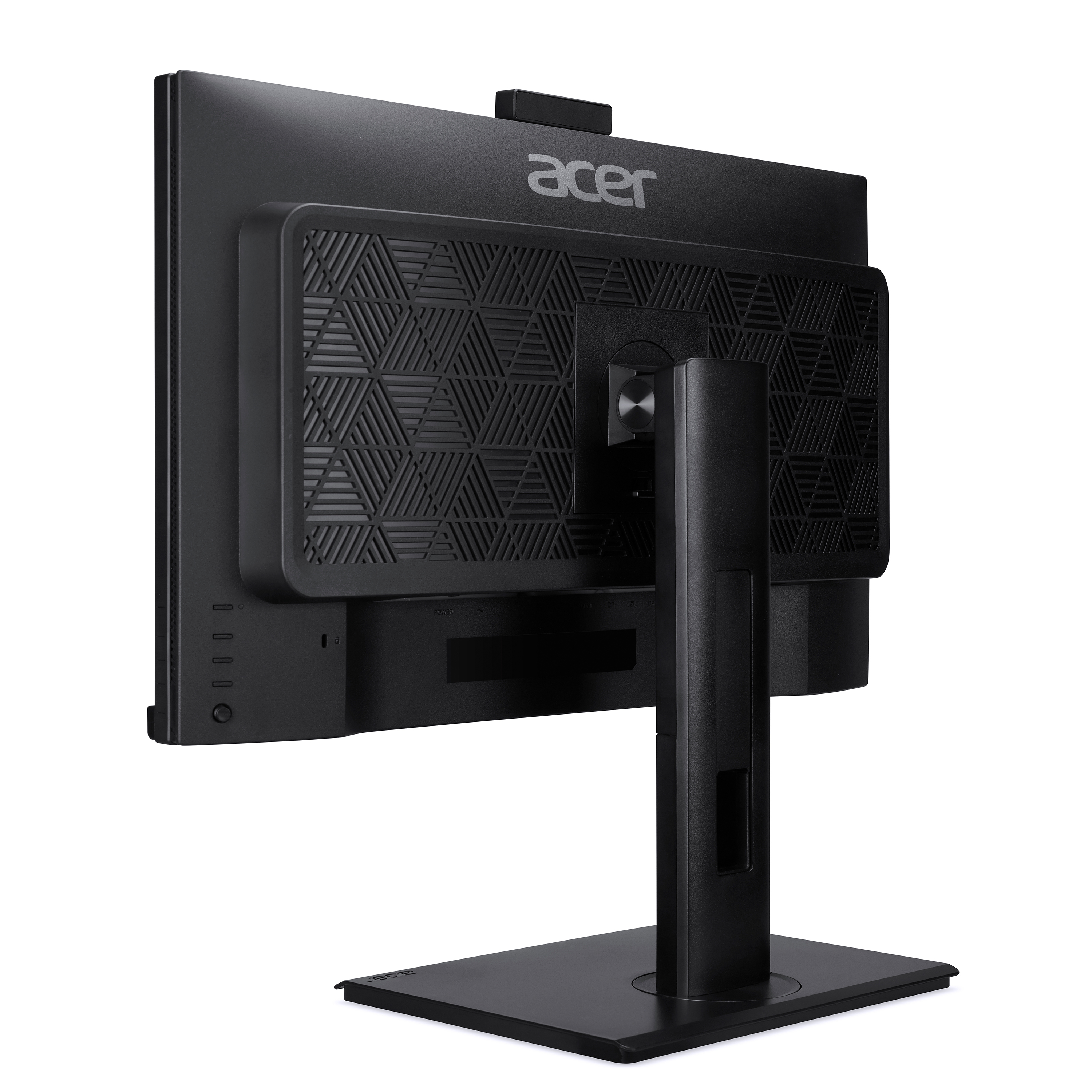Retro di un monitor con design nero e logo Acer. Supporto nero.