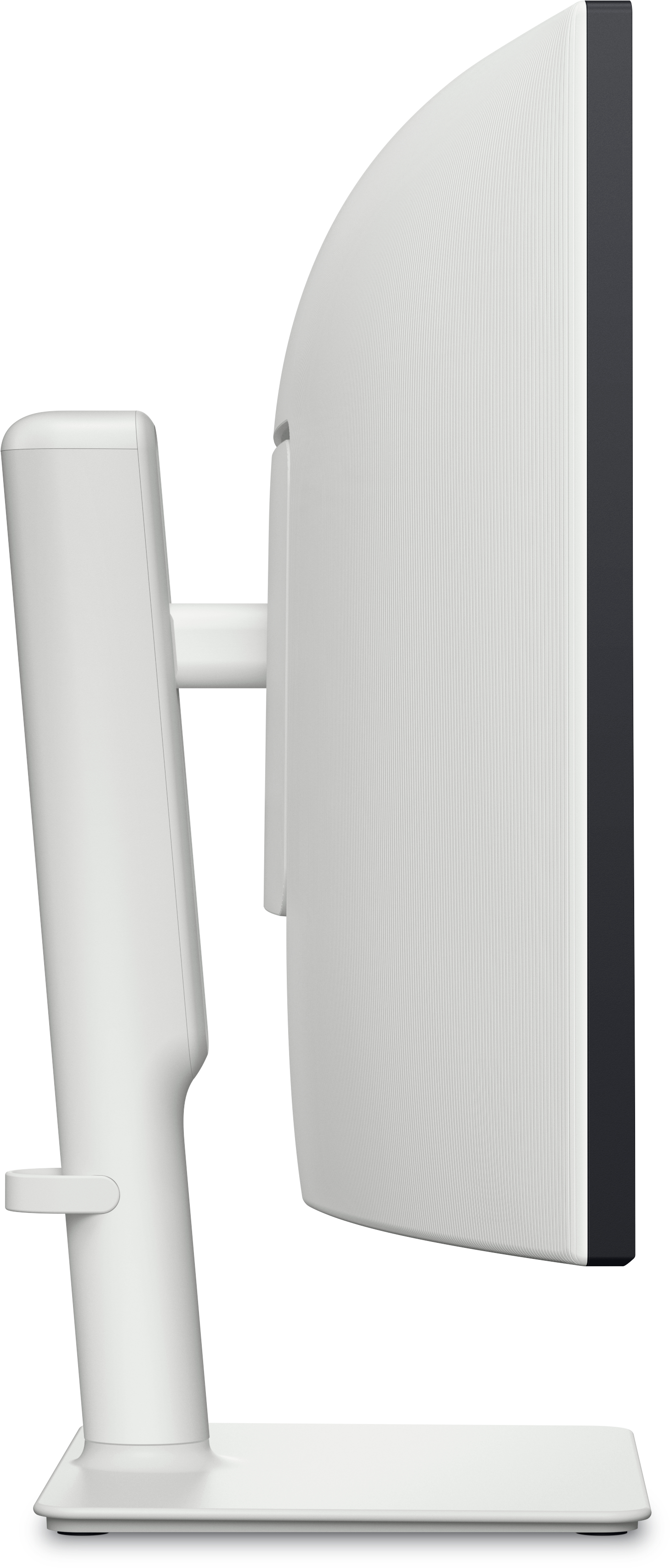 Widok z boku białego monitora z czarną ramką i podstawą. Białe tło.