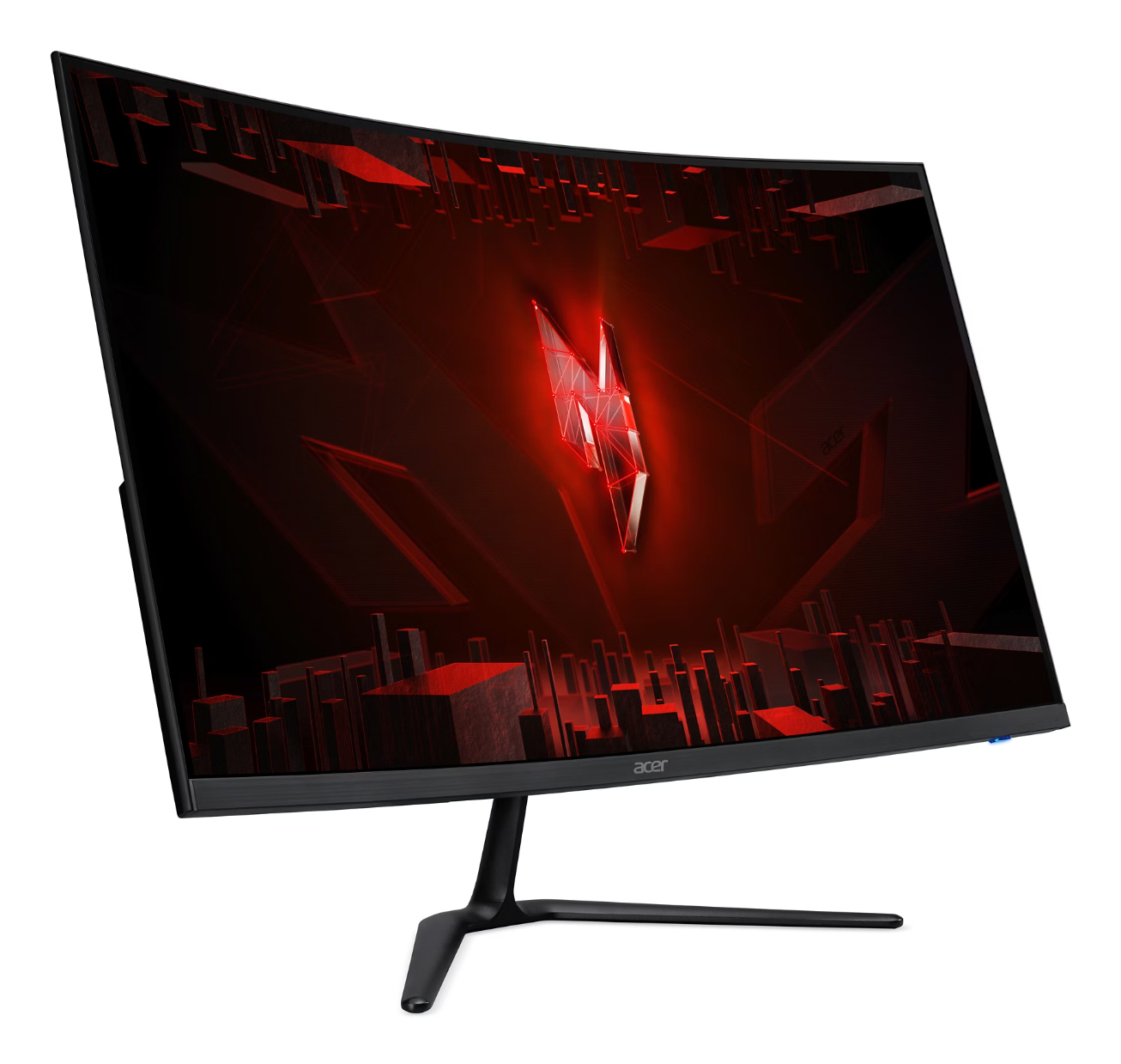 Monitor curvo muestra diseño rojo abstracto con logo Acer en la parte inferior.