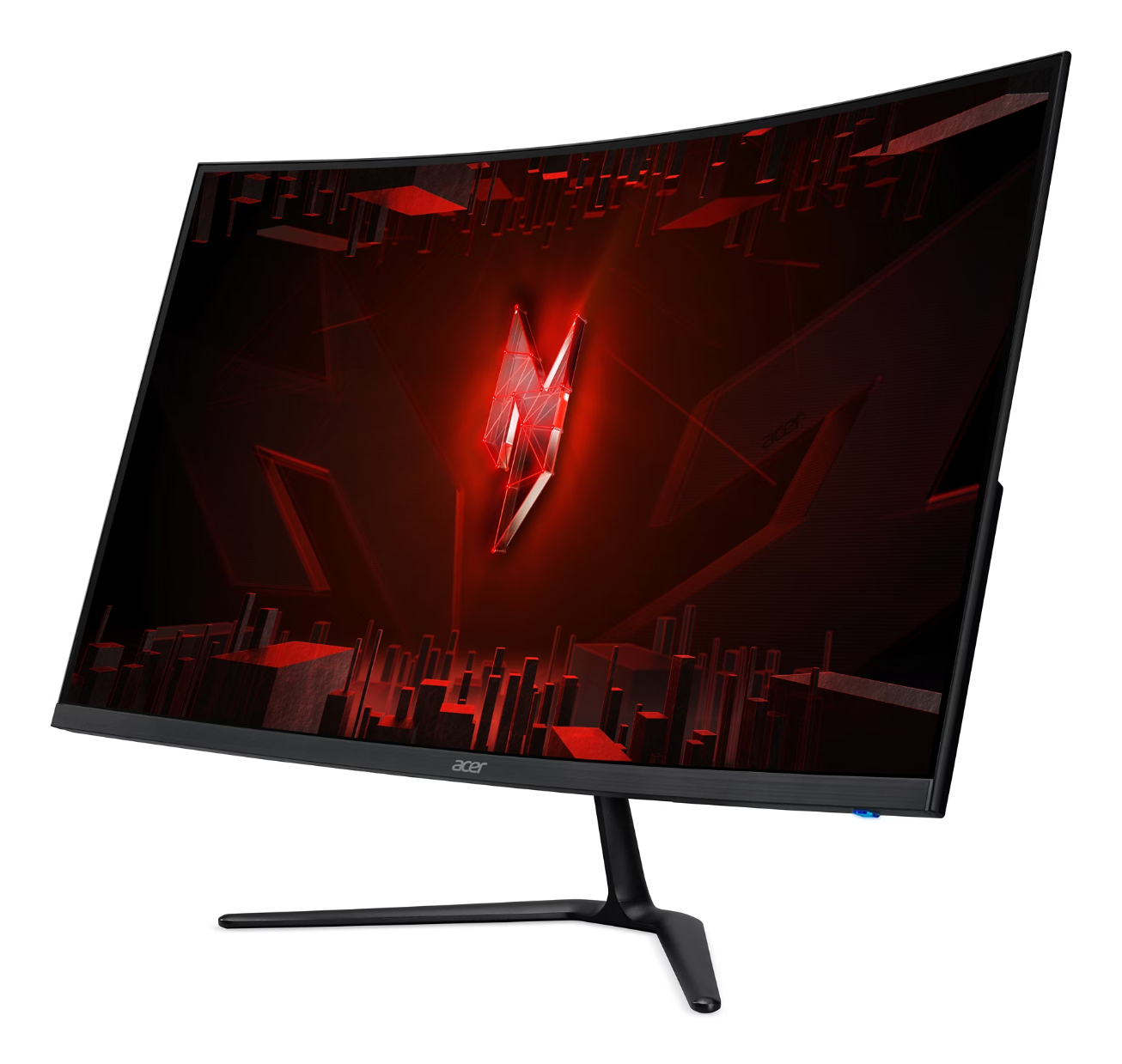 Monitor curvo muestra diseño rojo abstracto con logo Acer en la parte frontal.