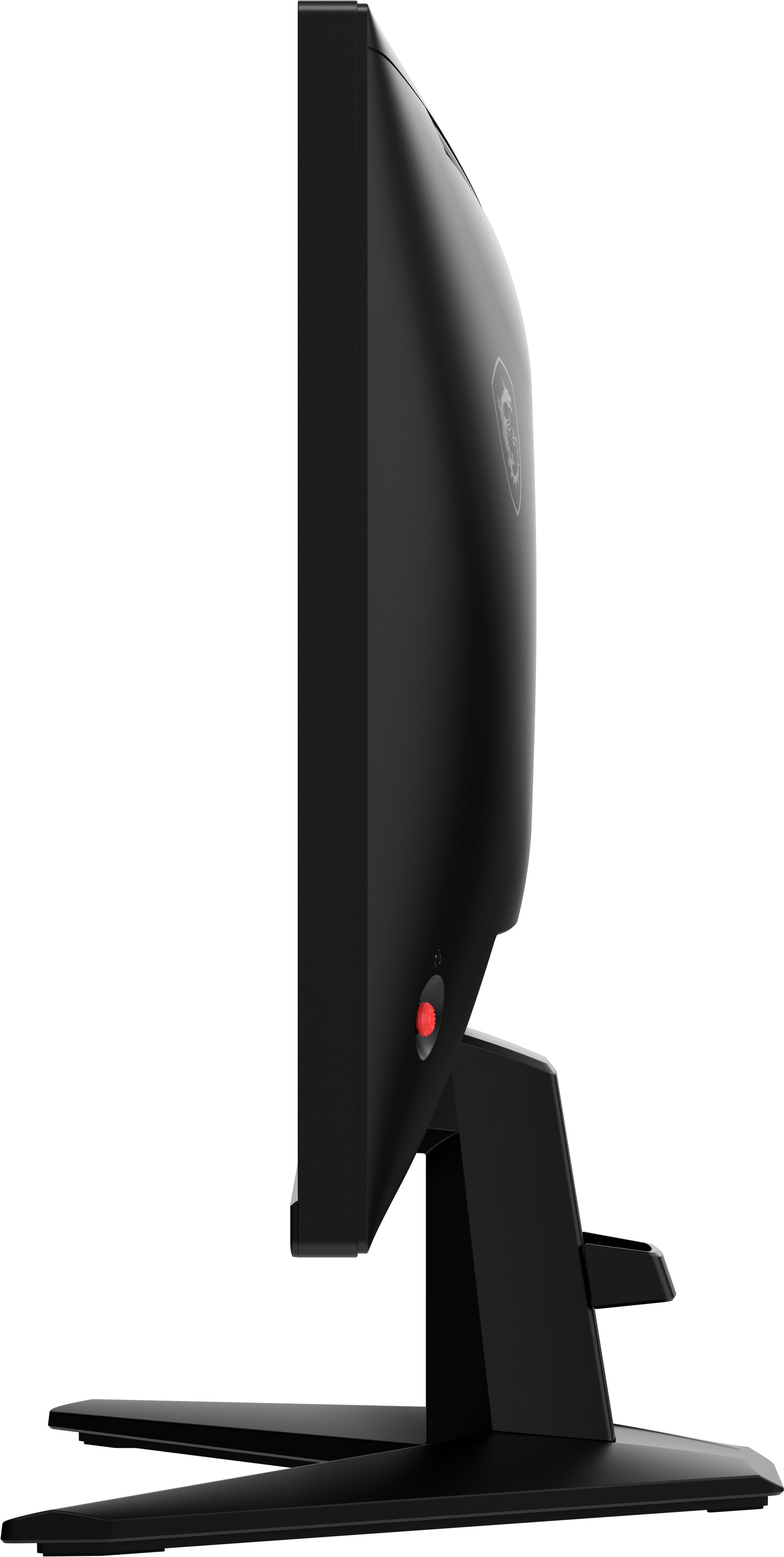 Czarny monitor z boku, czerwony przycisk zasilania, czarna podstawa, szare tło.