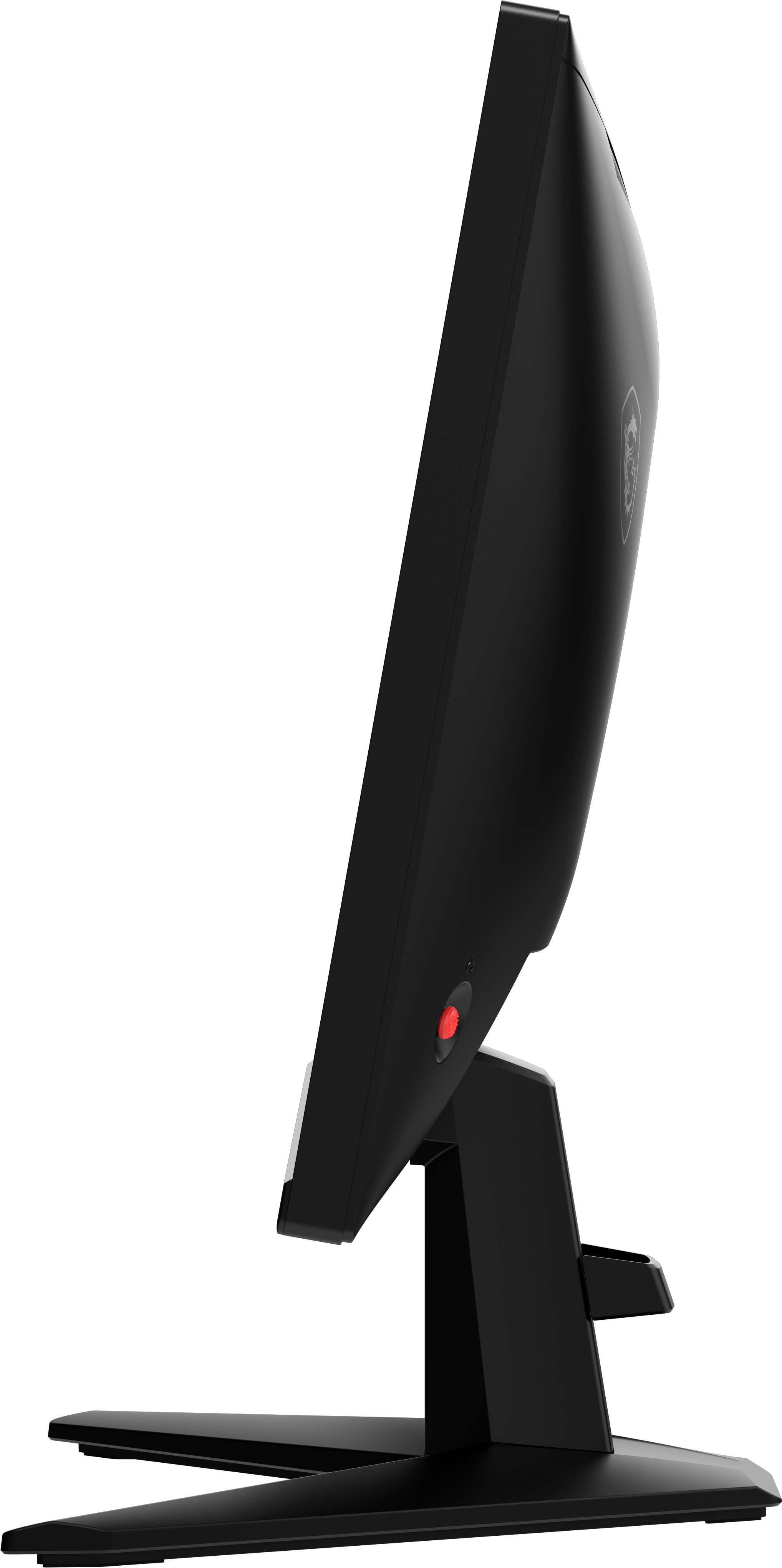Czarny monitor z boku, czerwony przycisk zasilania, czarna podstawa, białe tło.