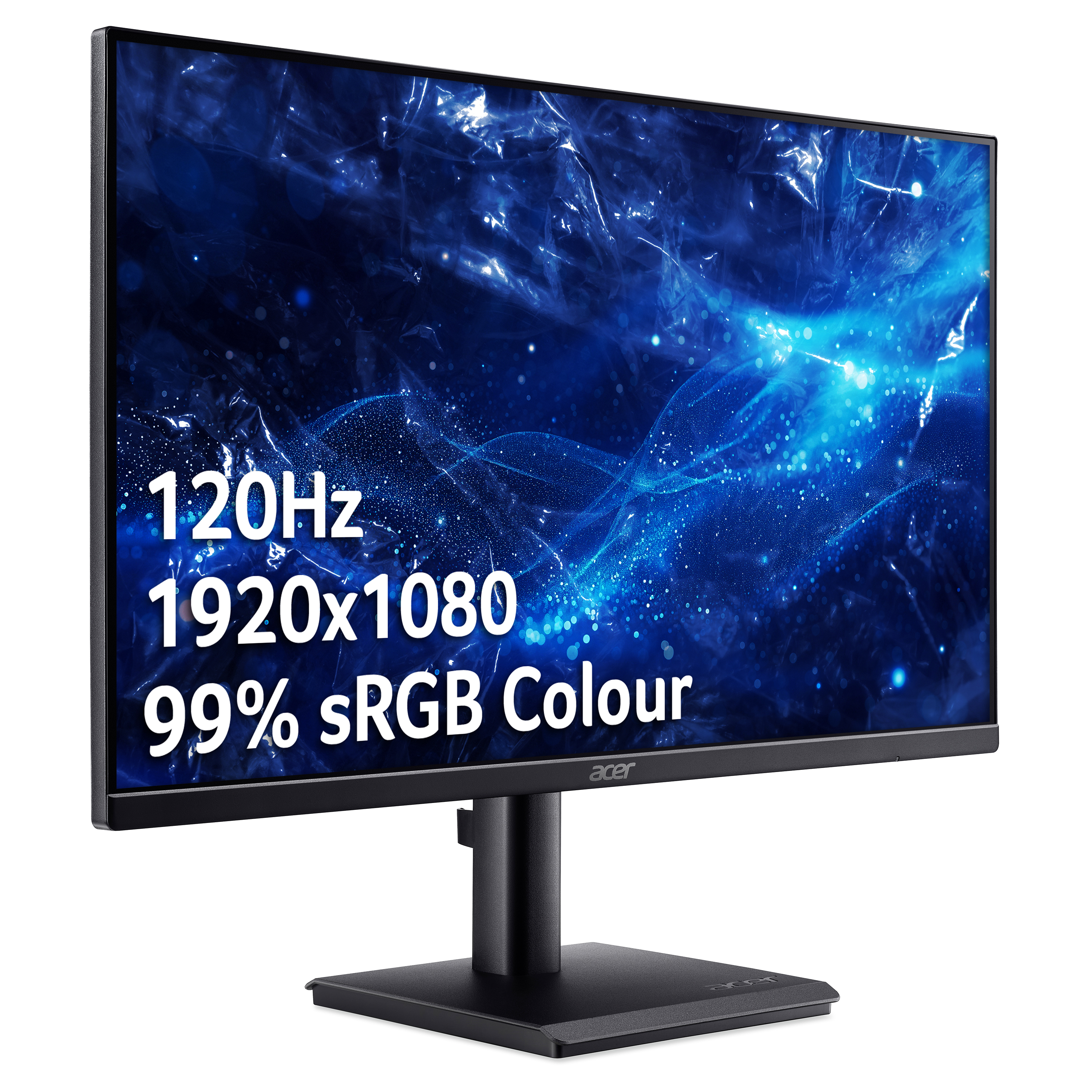 Monitor nero con testo: 120Hz, 1920x1080, 99% sRGB Colore. Logo Acer in basso.