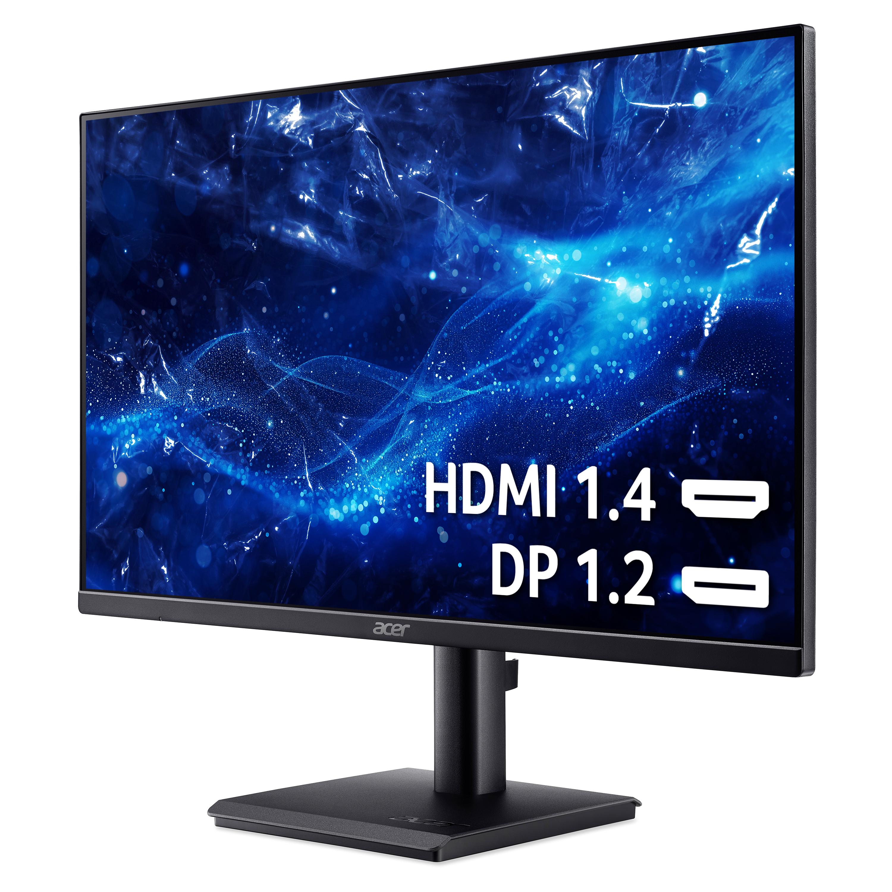 Monitor Acer nero con porte HDMI 1.4 e DP 1.2, su sfondo blu.