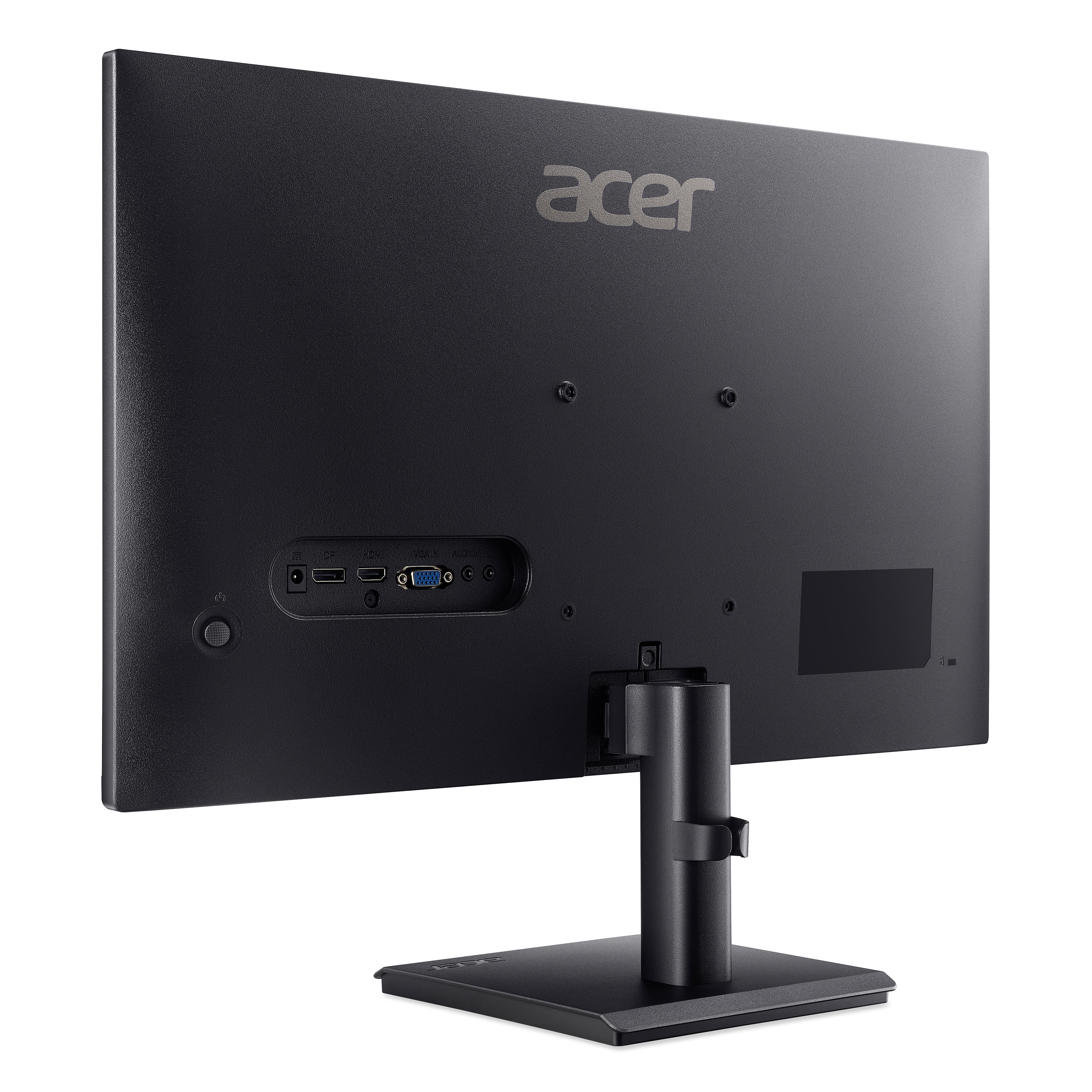 Vista posteriore di un monitor Acer nero con porte e supporto. Sfondo bianco.
