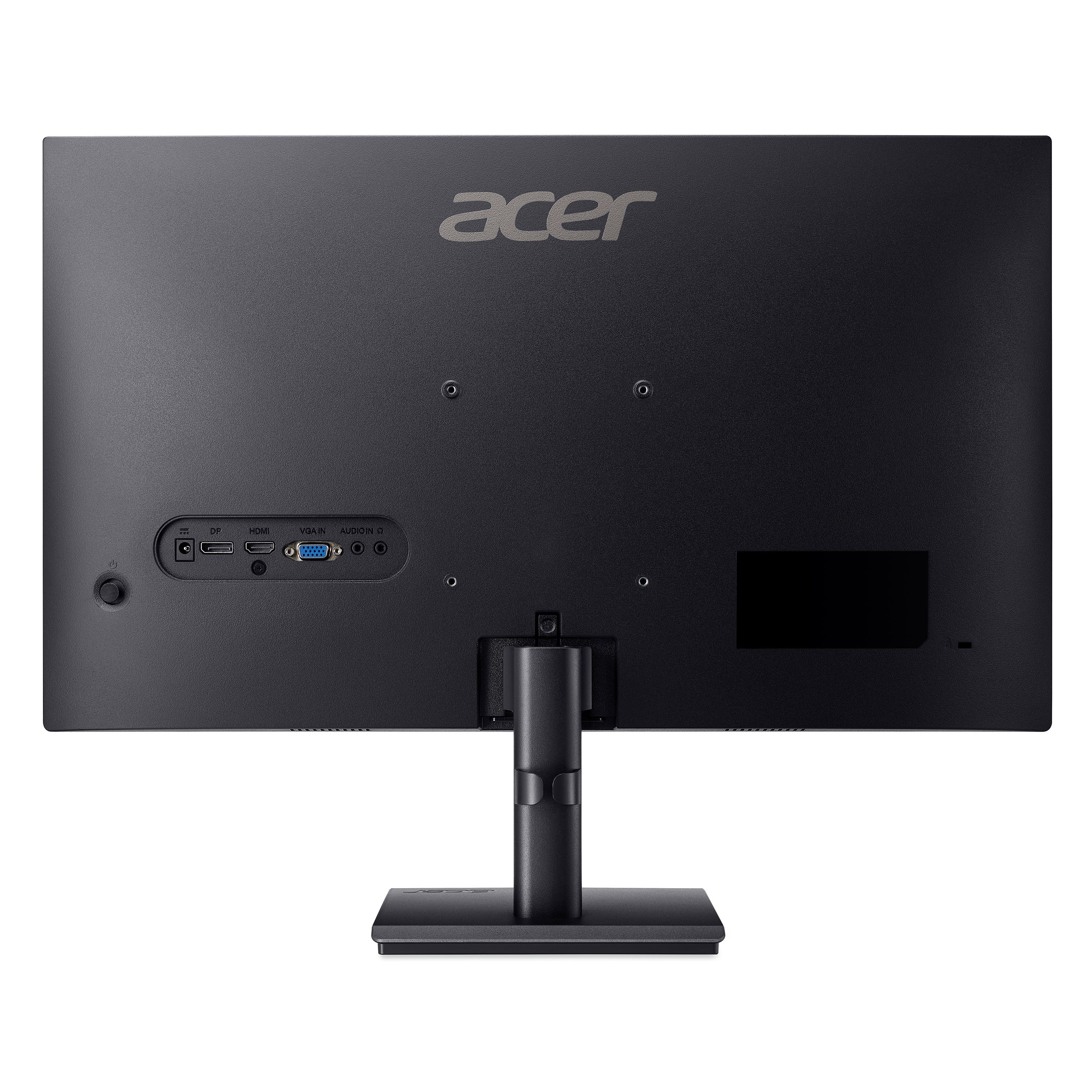 Vista posteriore di un monitor Acer nero con porte, supporto e logo Acer.
