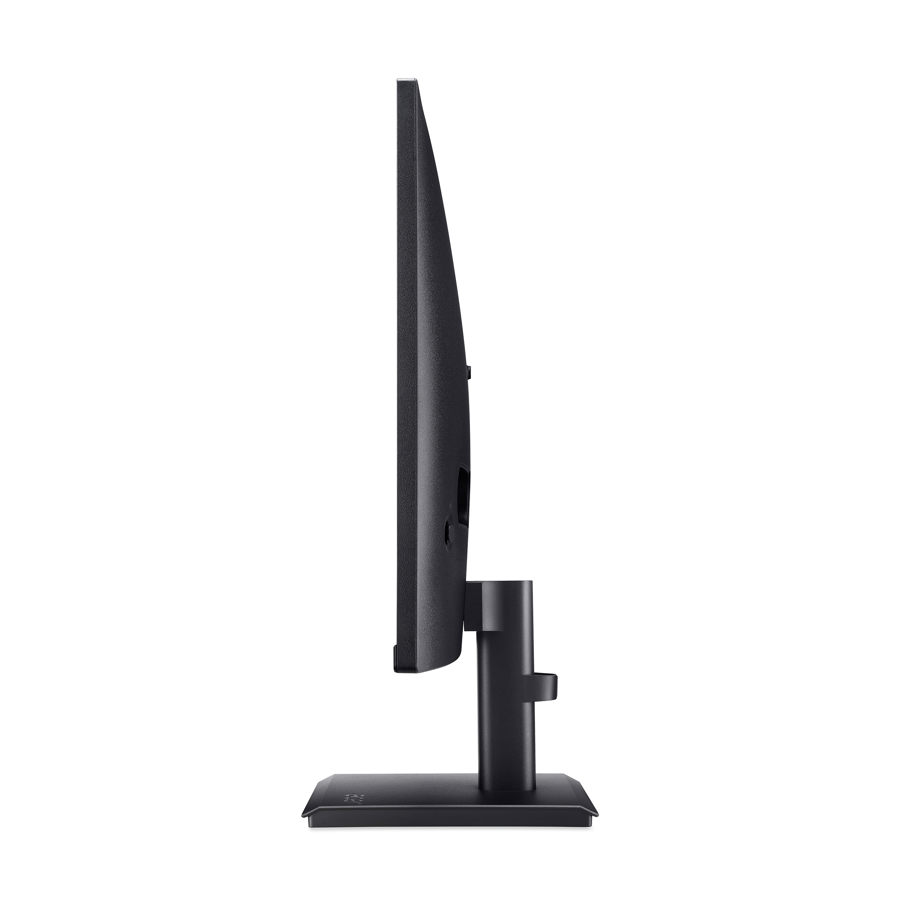 Vista laterale di un monitor Acer nero con supporto. Lo schermo è nero.