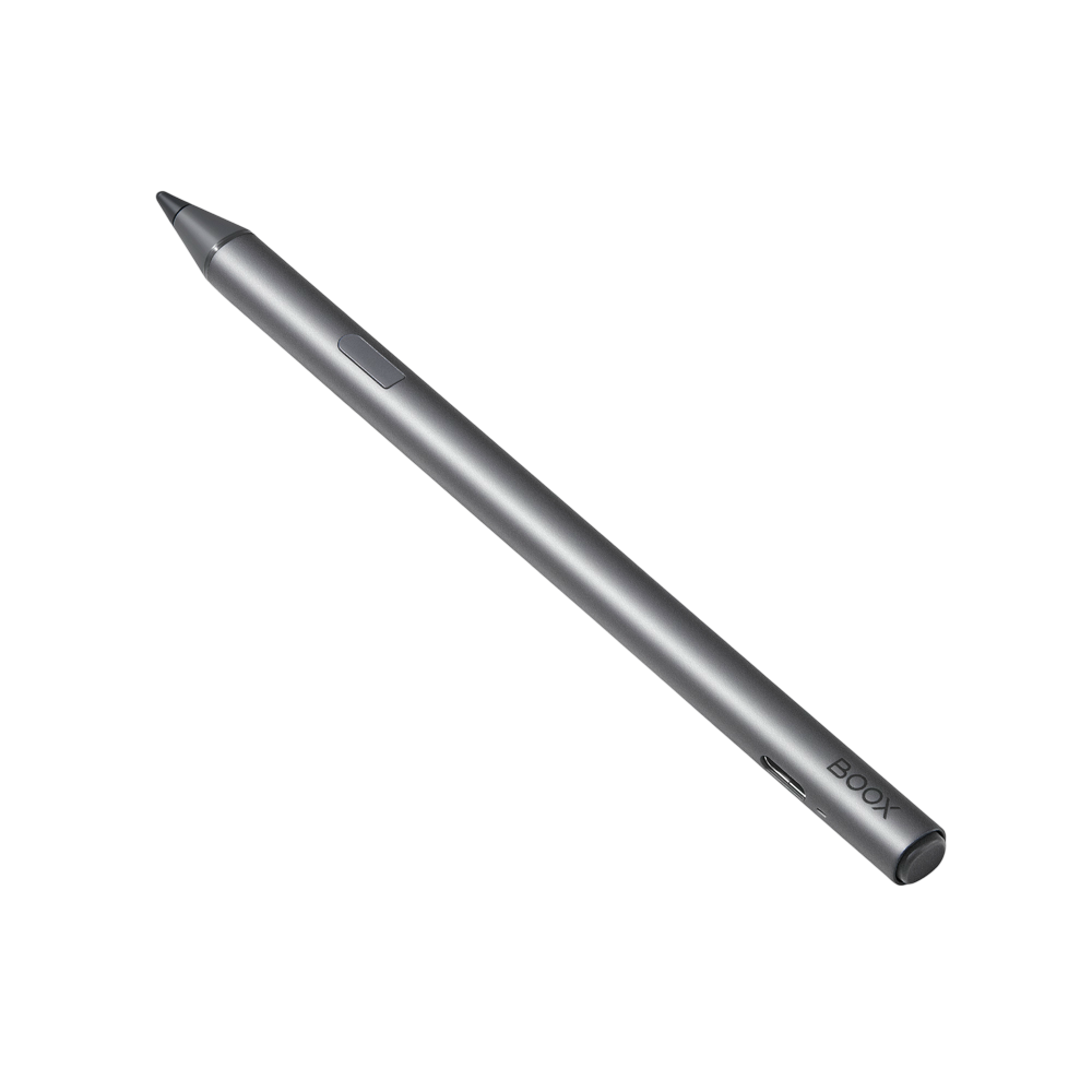 Una penna stilo grigio metallizzato con il marchio 'BOOX'.