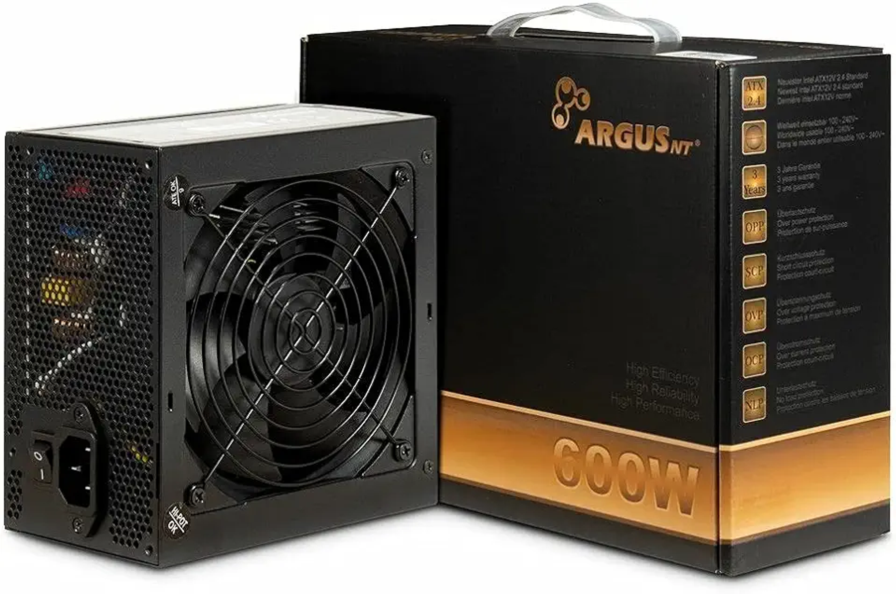 Czarny zasilacz komputerowy z wentylatorem i pudełkiem z tekstem.