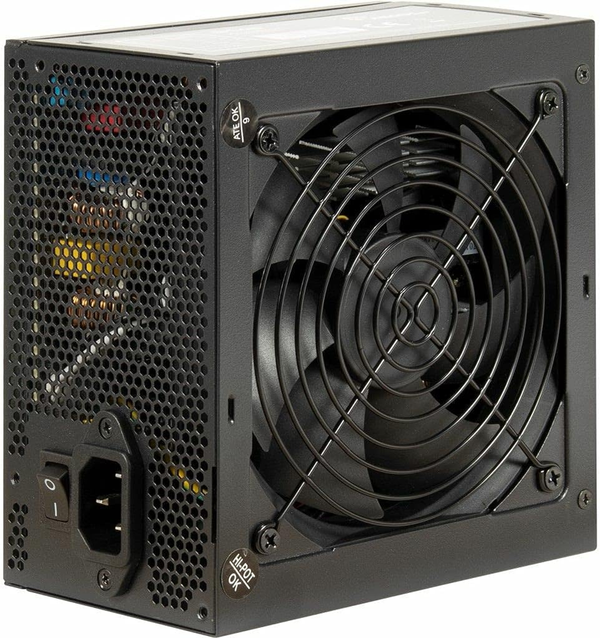 Czarny zasilacz komputerowy z wentylatorem, otworami wentylacyjnymi i włącznikiem/wyłącznikiem.