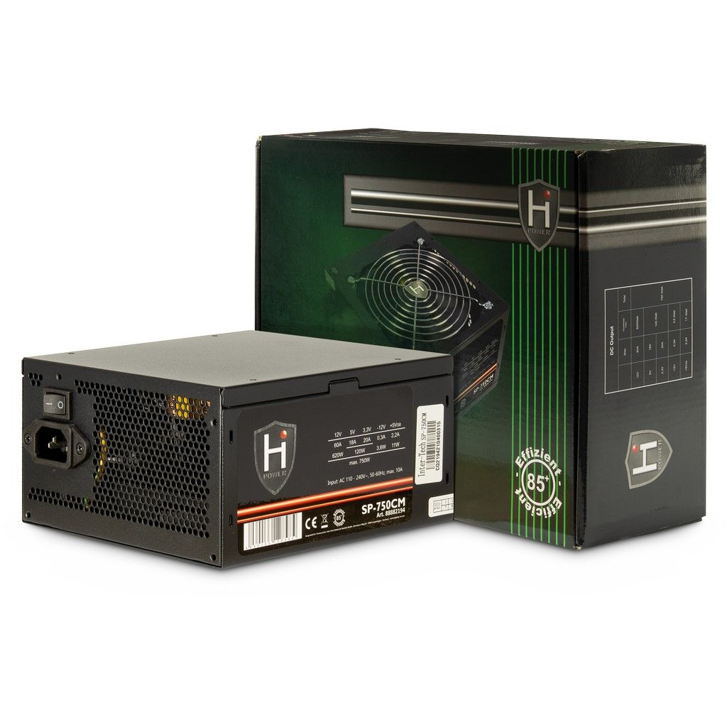 Czarny zasilacz i jego pudełko. Pudełko ma grafikę wentylatora.