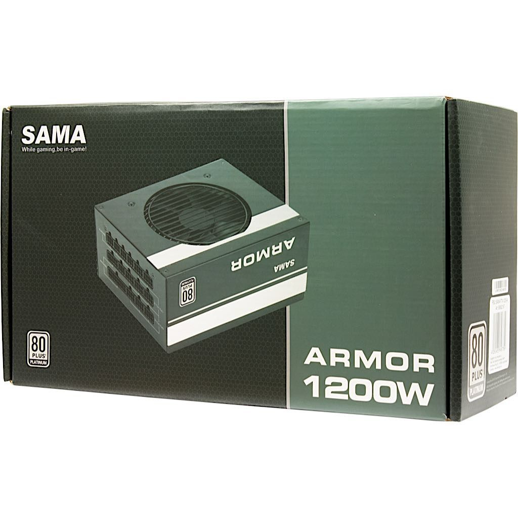 Scatola con alimentatore Armor 1200W, design verde e nero.