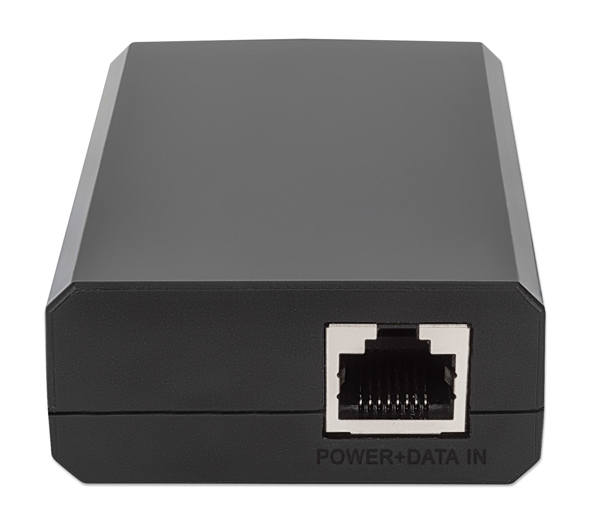 Czarny adapter sieciowy z portem Ethernet i tekstem 'POWER+DATA IN'.