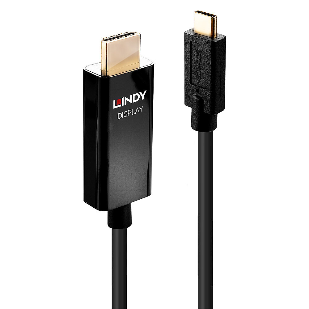 Czarny kabel HDMI do USB-C ze złączami. Widoczny Lindy Display.