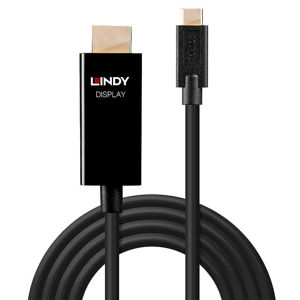 Czarny kabel HDMI do USB-C ze złączami i logo Lindy Display.