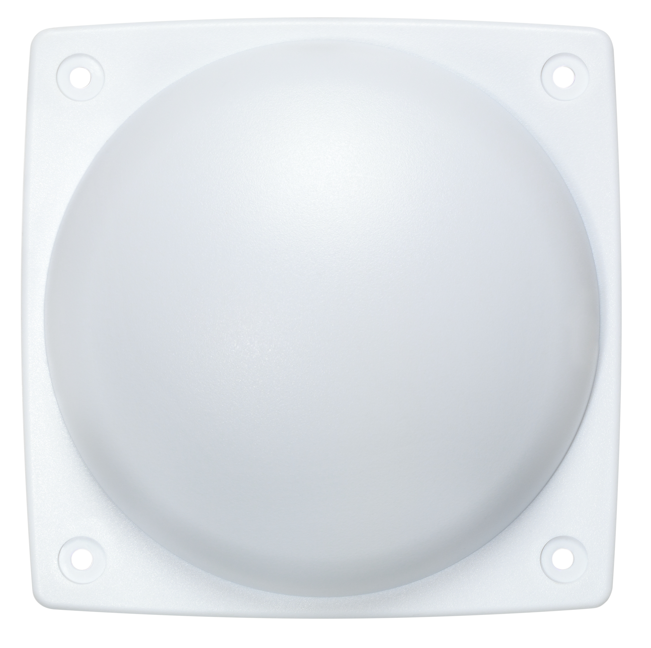 Białe, kwadratowe, plastikowe urządzenie z zaokrągloną, białą kopułą i czterema otworami montażowymi.