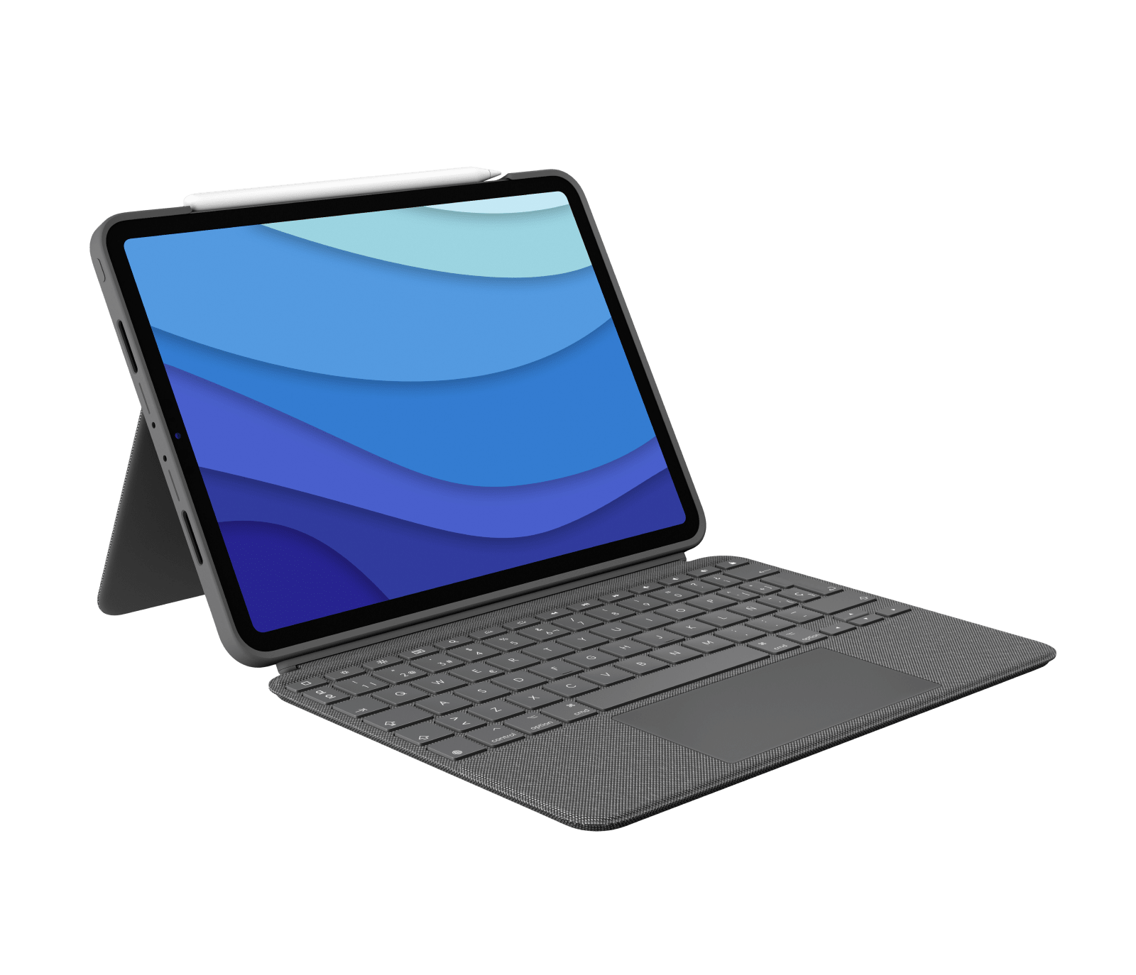 Ein offenes Tablet mit Tastatur und Stift auf schwarzem Untergrund. Der Bildschirm zeigt blaues Design.