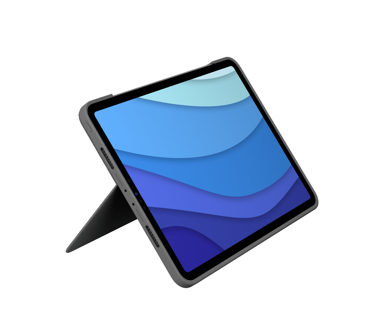 Tablet mit blauem Hintergrund, grauer Hülle, auf Ständer.