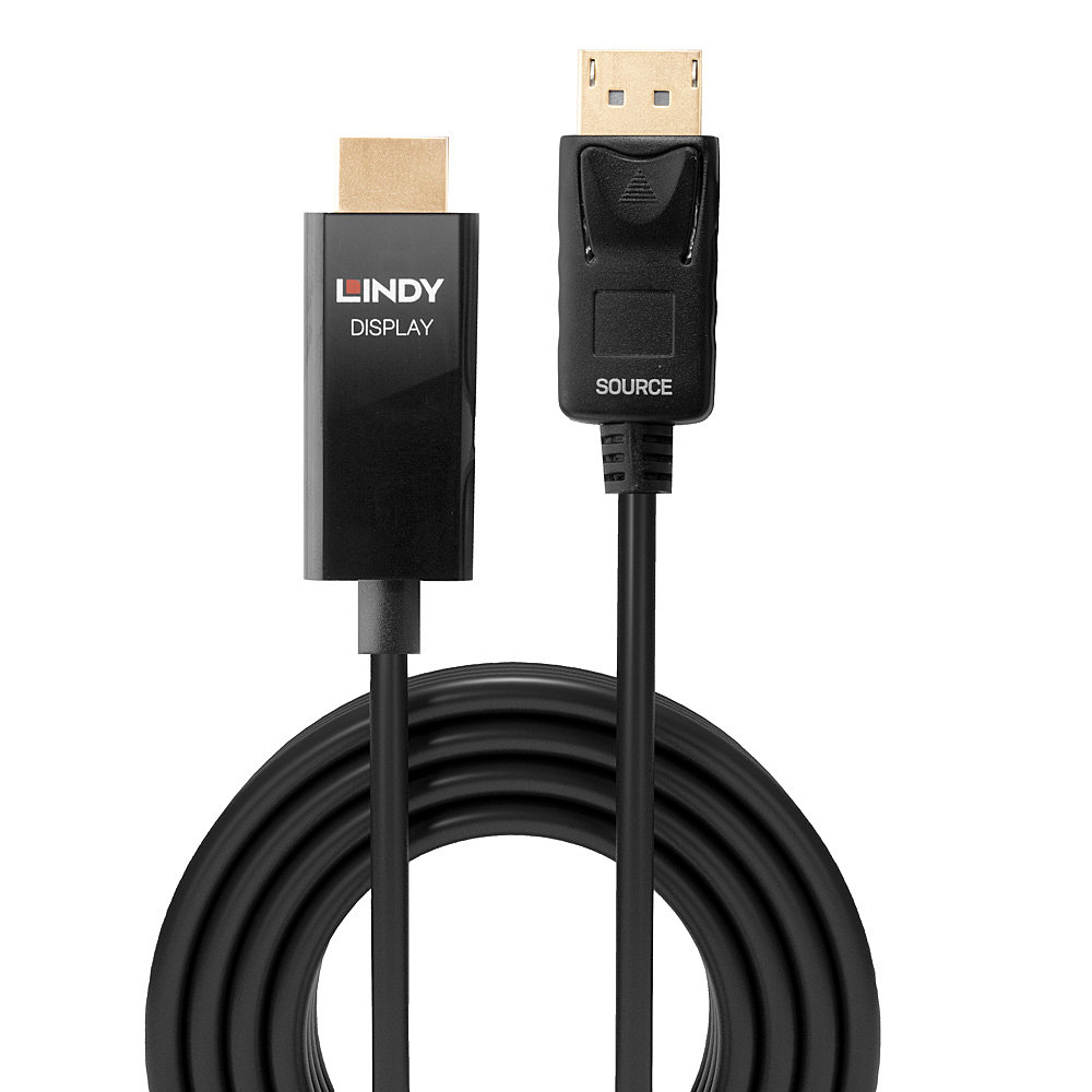 Un cavo nero con un connettore DisplayPort a marchio LINDY.