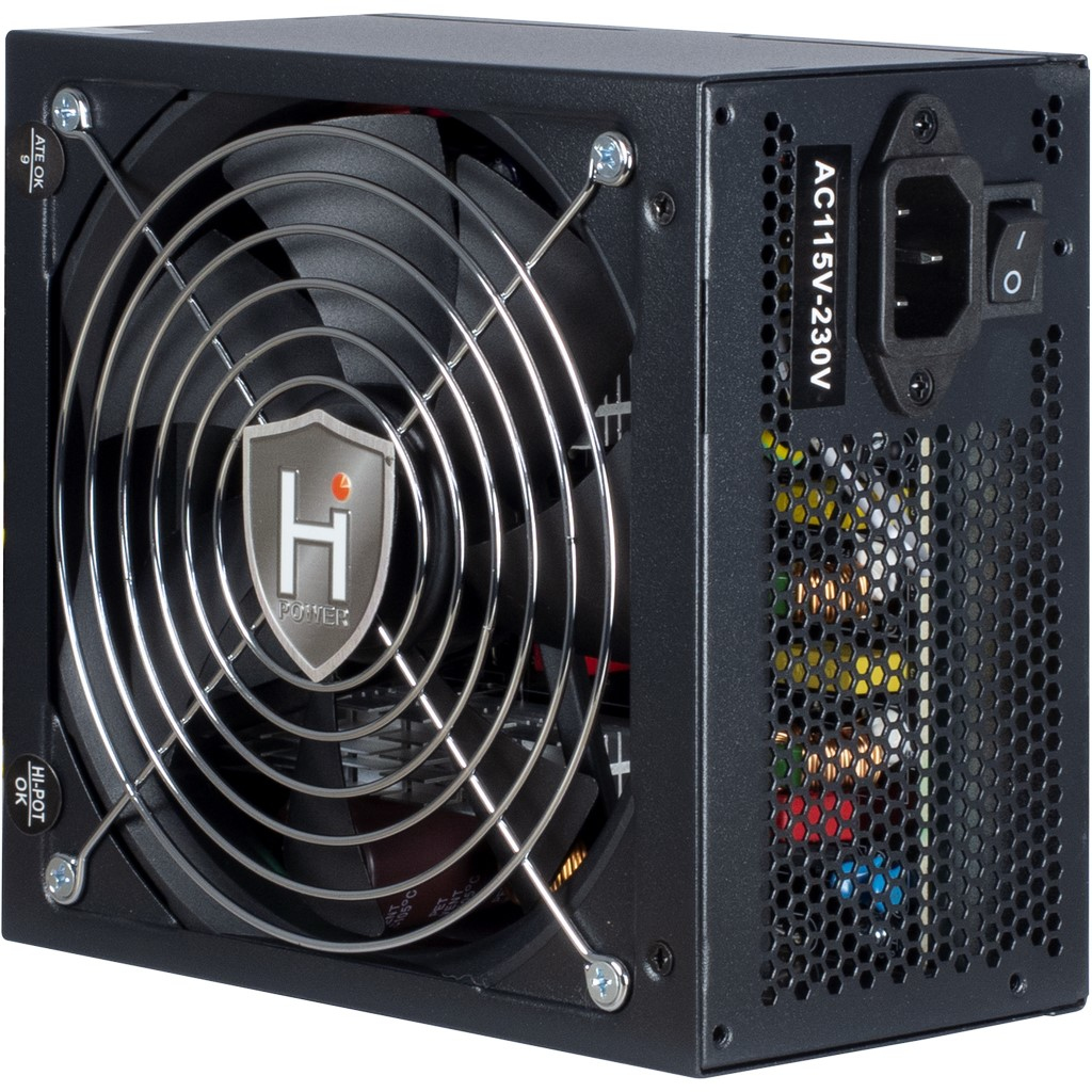 Black power supply unit with a fan grill. It has a power cord and a switch, and AC115V-230V label.
