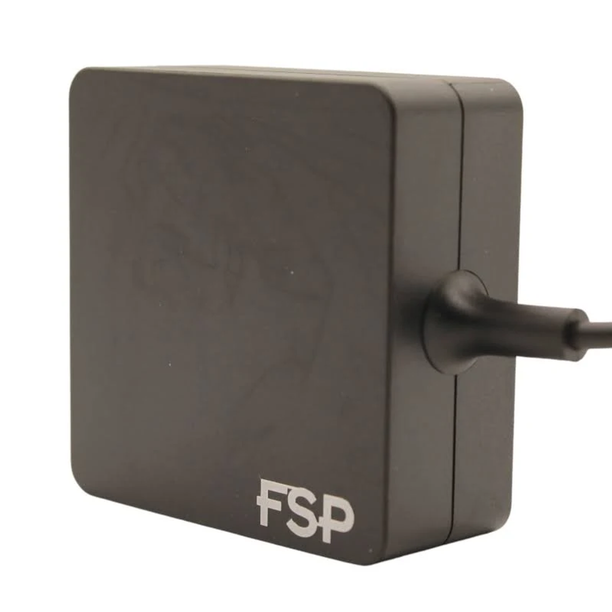 Schwarzer FSP-Netzadapter mit runder Form und einem davon ausgehenden Kabel.