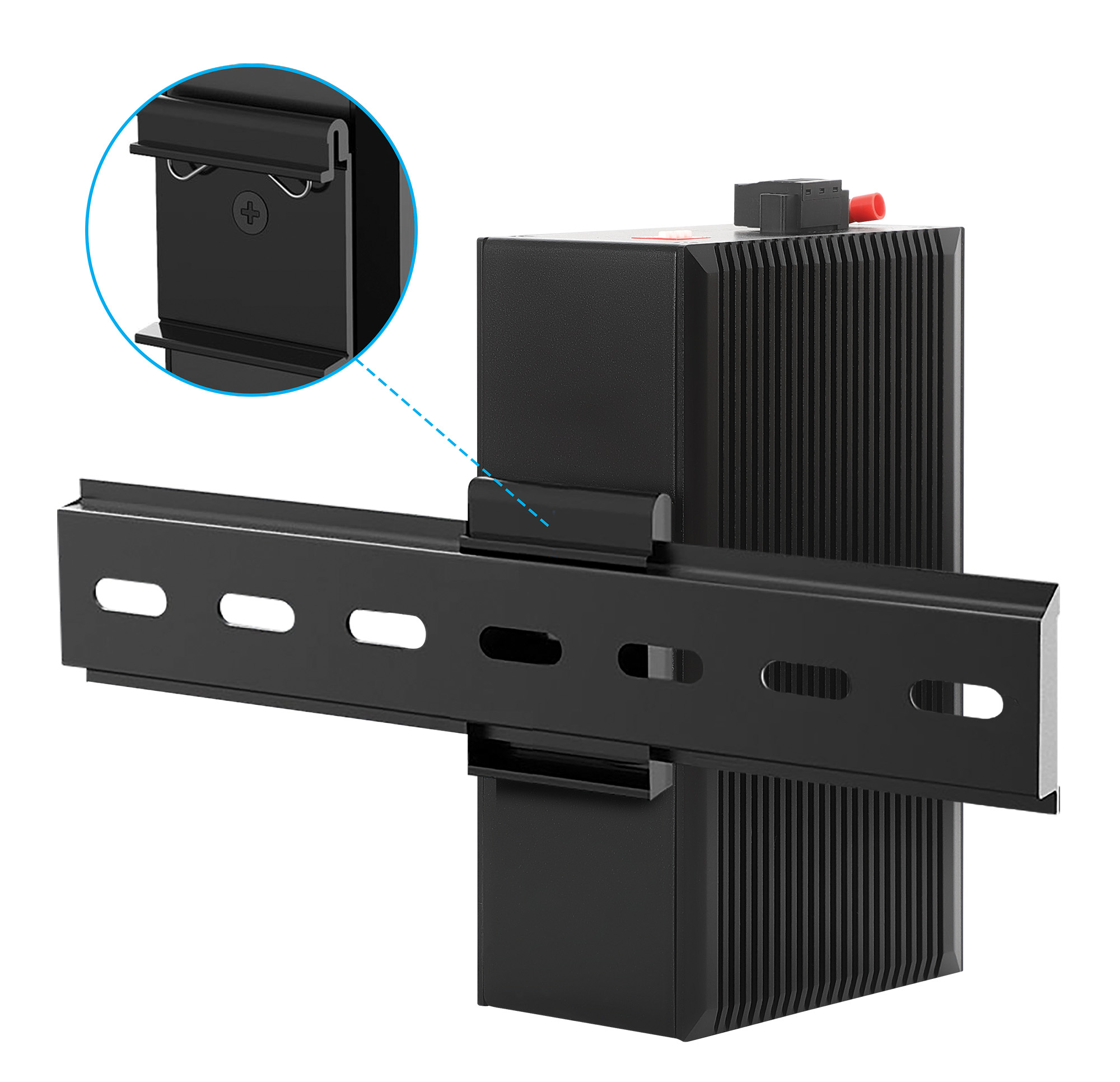 Czarny wspornik montażowy z przymocowanym czarnym urządzeniem. Śruba widoczna w zbliżeniu.