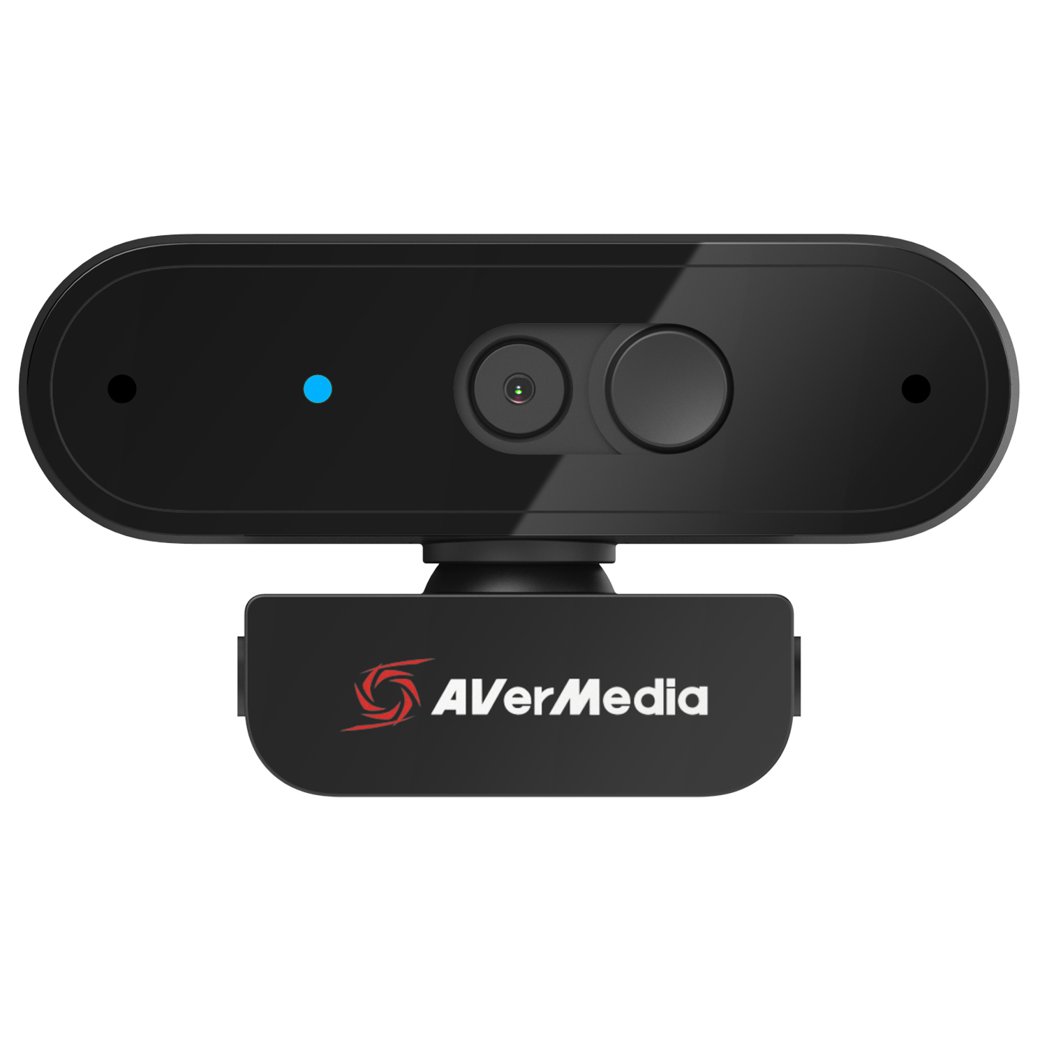 Web kamerası, siyah, mavi bir ışık ve Avermedia logosu ile. İki lens görünür.