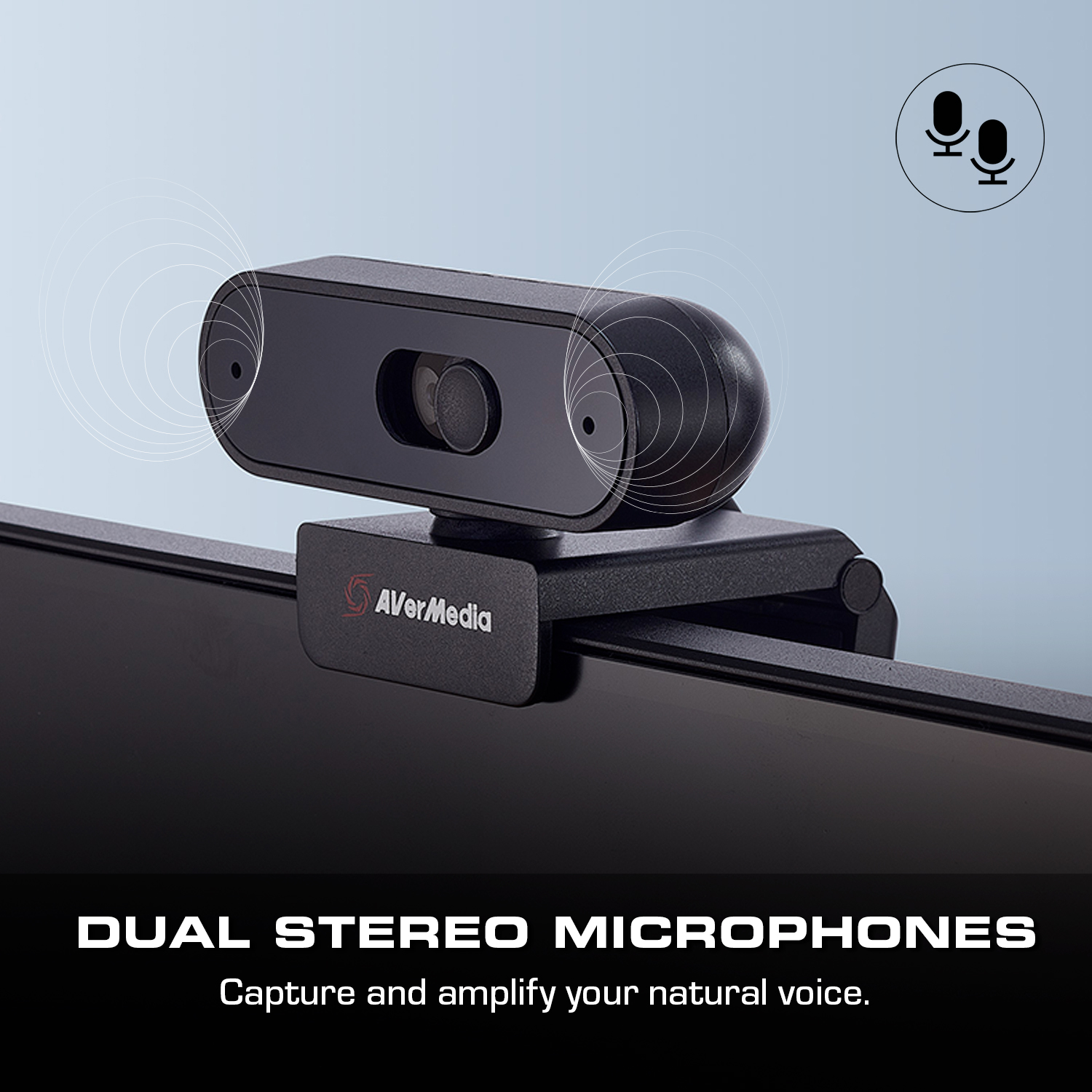 Çift stereo mikrofonlu ve AVerMedia logolu siyah web kamerası. Metinli beyaz arka plan.