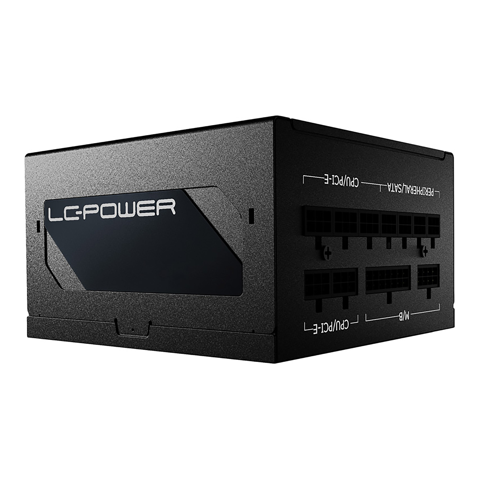 Czarny zasilacz LG-POWER. Posiada różne porty, widoczna nazwa marki.