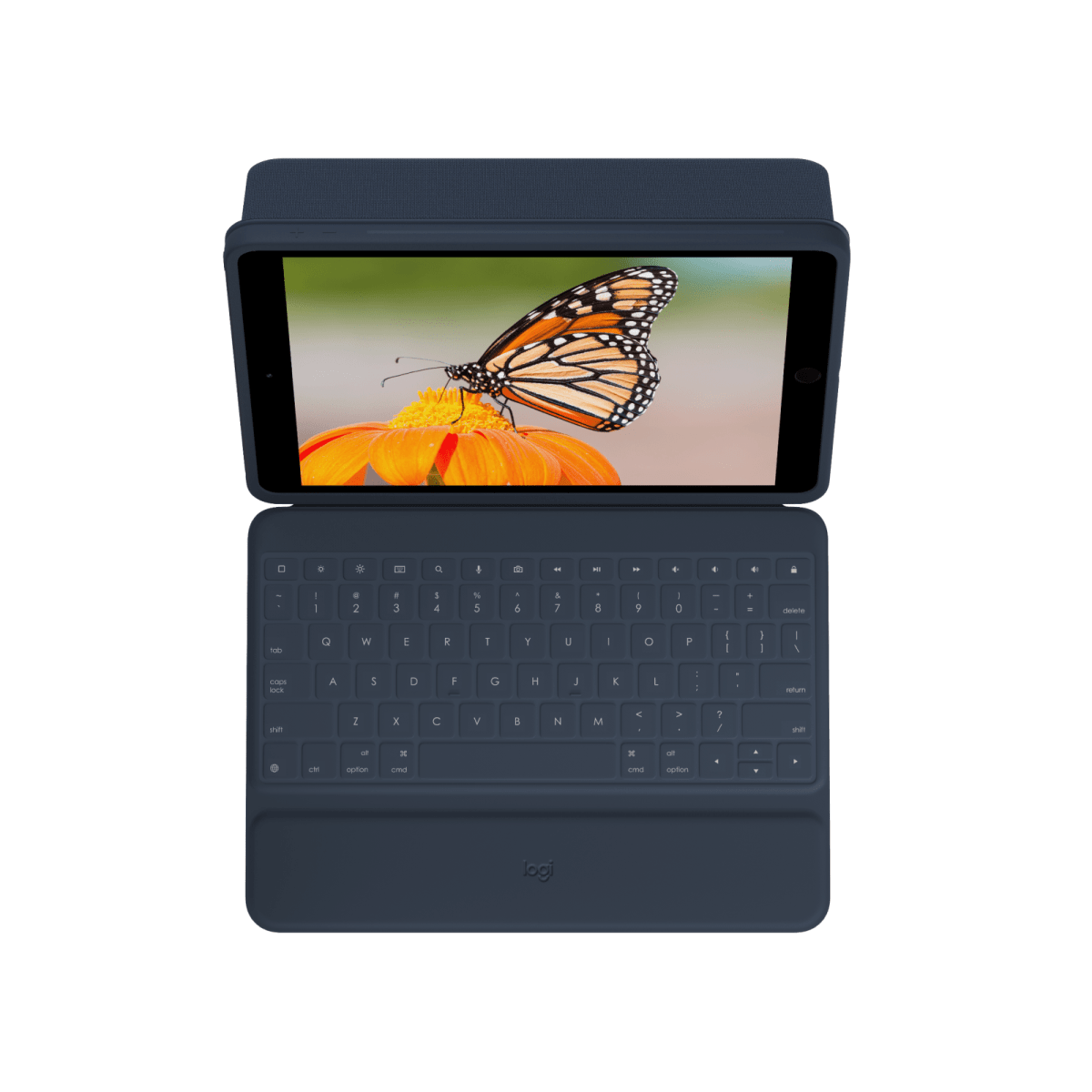 Niebieski tablet z klawiaturą, obraz motyla na ekranie i granatowe etui.