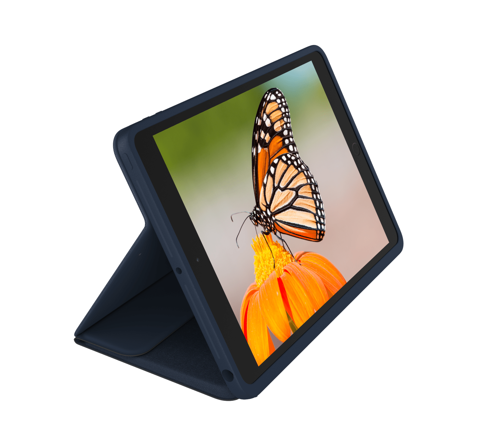 Tablet z motylem, w granatowym etui, na czarnym tle.