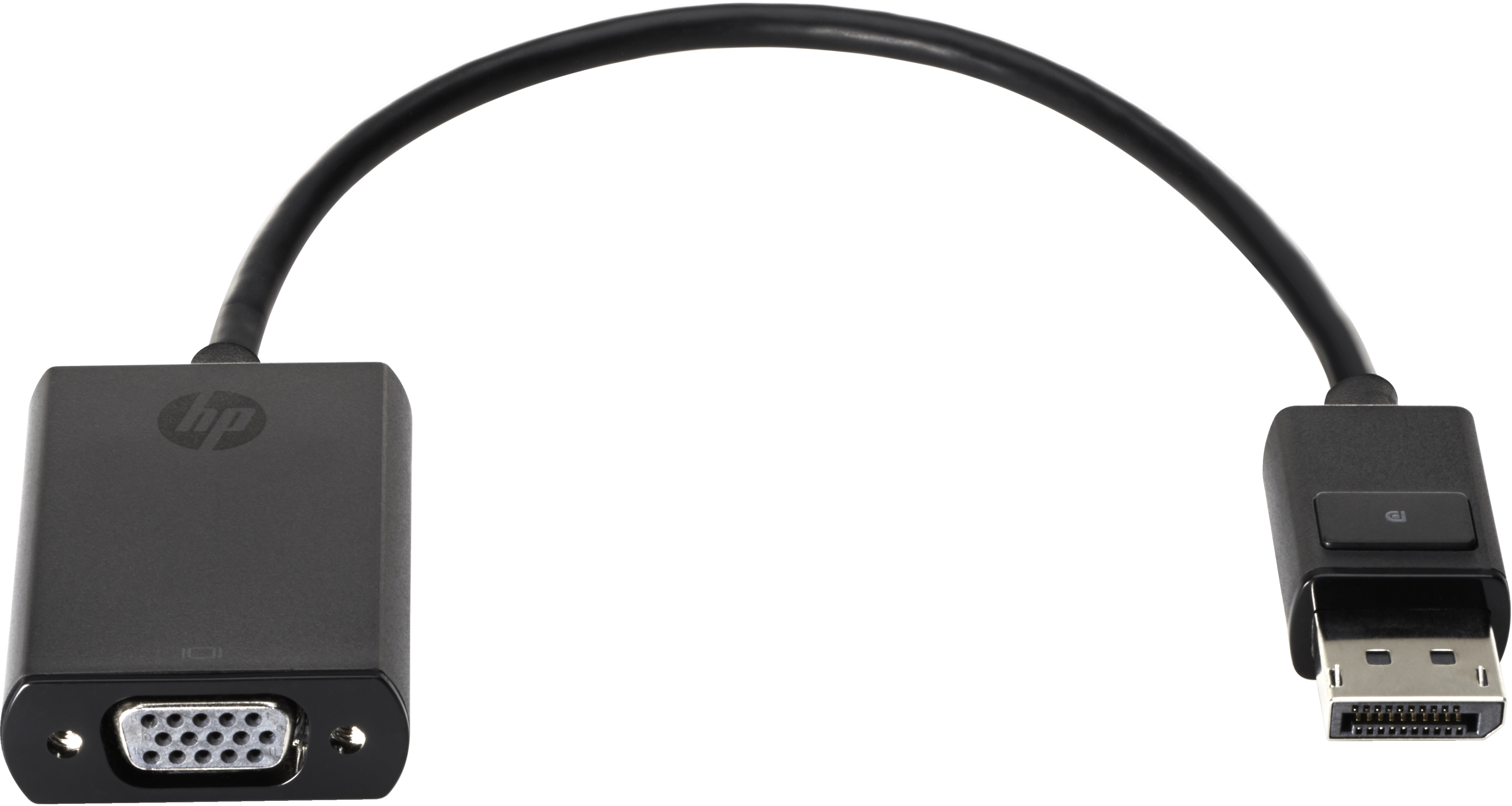 Adattatore nero con connettore VGA e DisplayPort, con cavo nero collegato.
