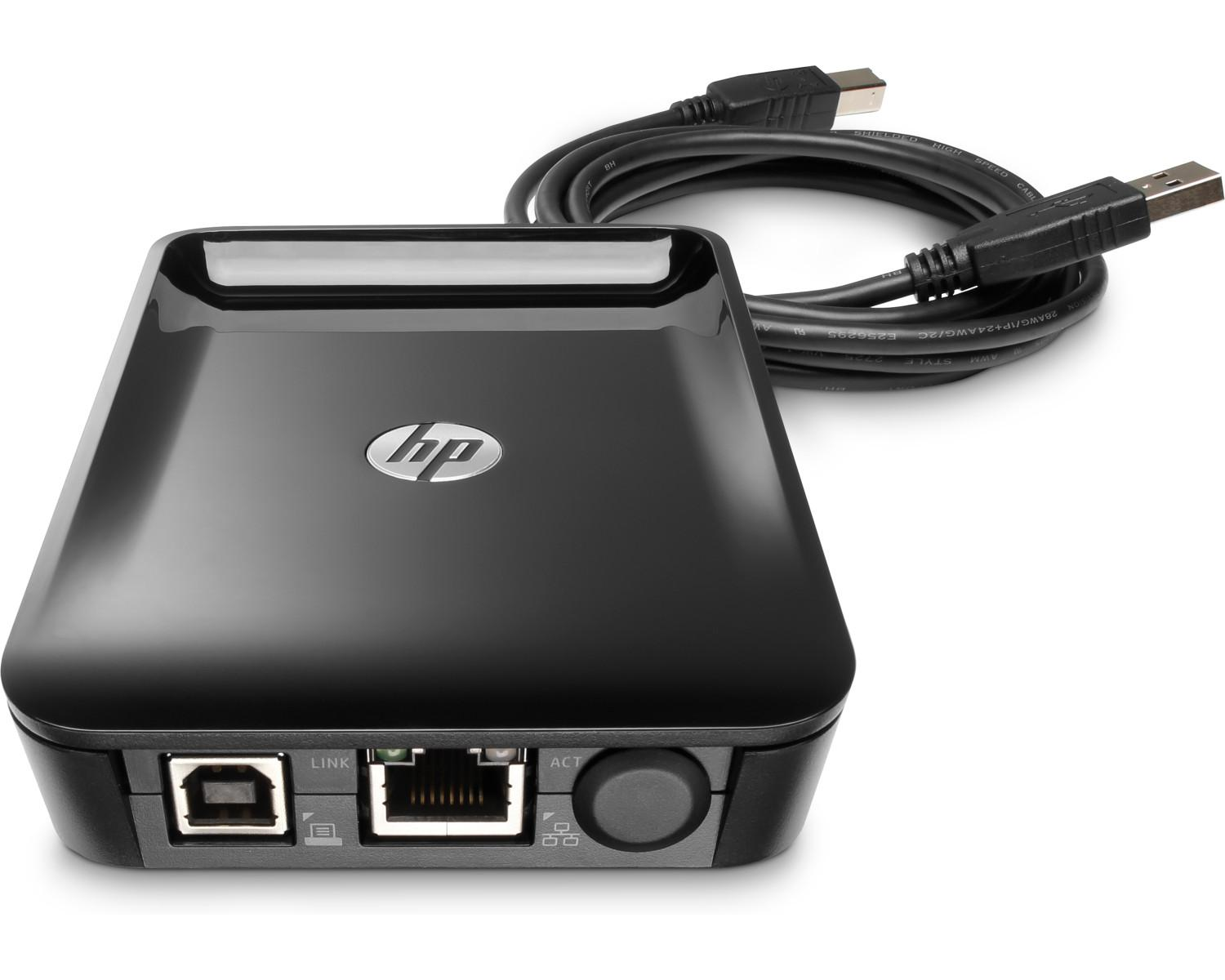 Czarny dysk zewnętrzny HP z portami USB, LAN i przyciskiem zasilania, z kablem USB.