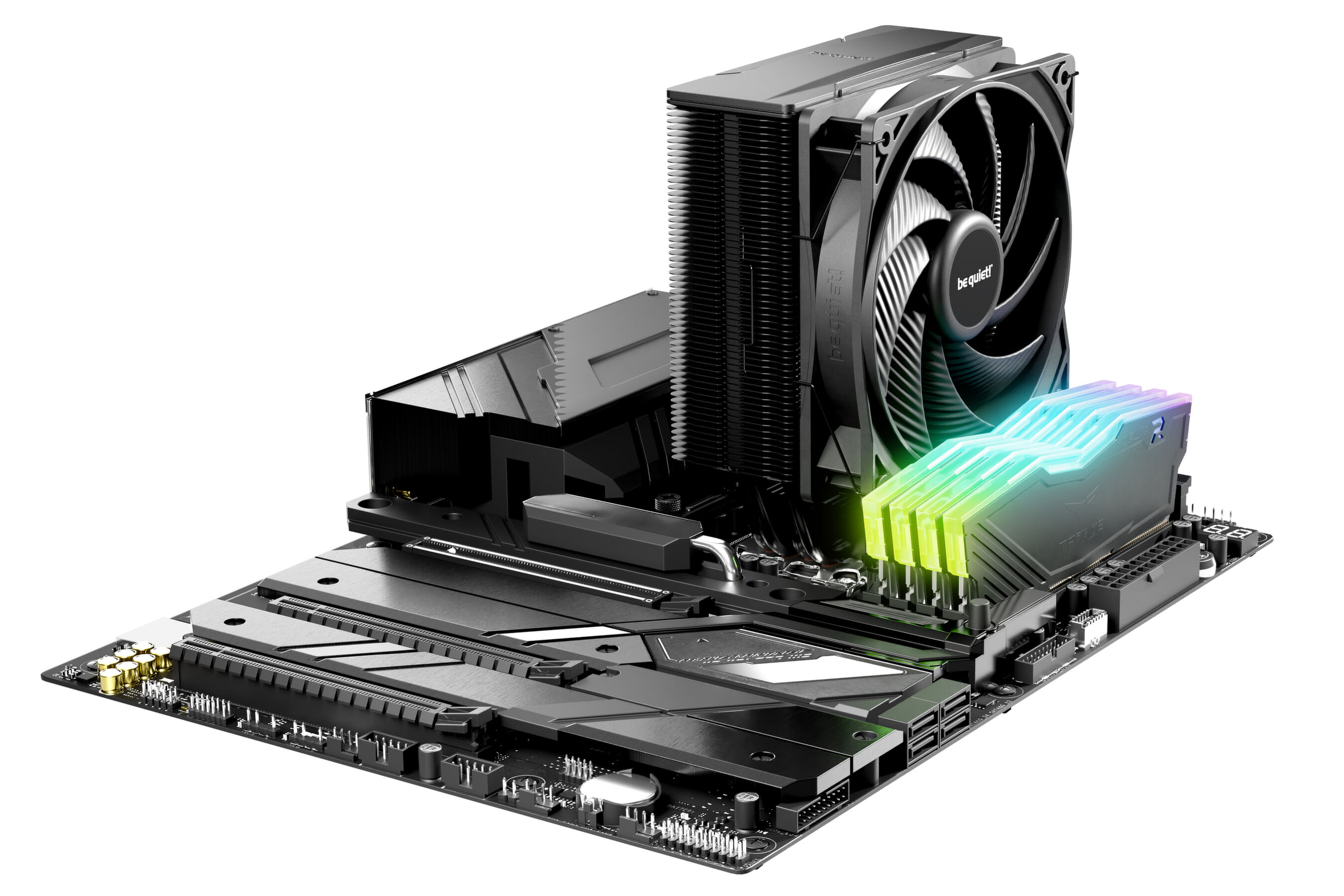 PC-Komponenten: Motherboard, CPU-Kühler und RAM. Schwarz, Grau und Regenbogenfarben dominieren die Szene.