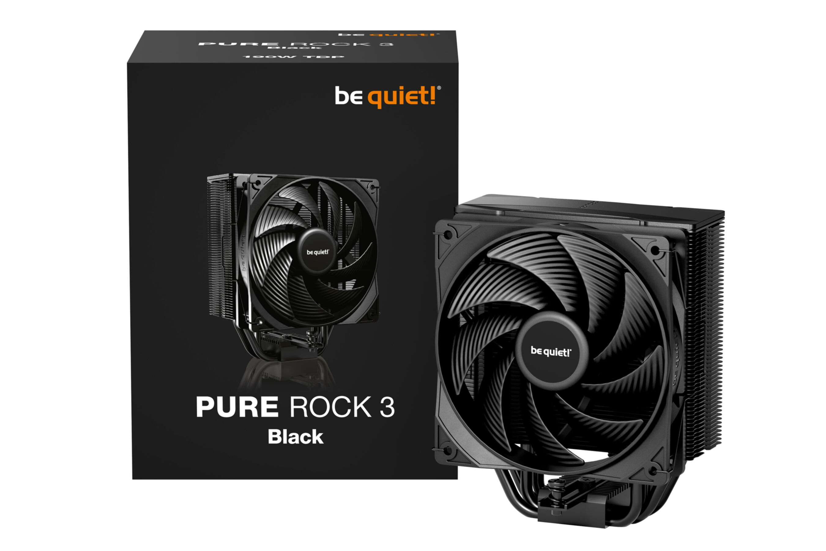 Schwarzes Kühlsystem mit Lüfter auf der Box und auf dem Gerät, beschriftet mit 'be quiet!'.